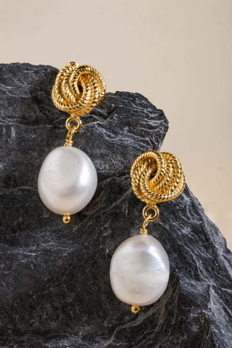 Yellow Gold Plated Knot Pearl Drop Earrings
