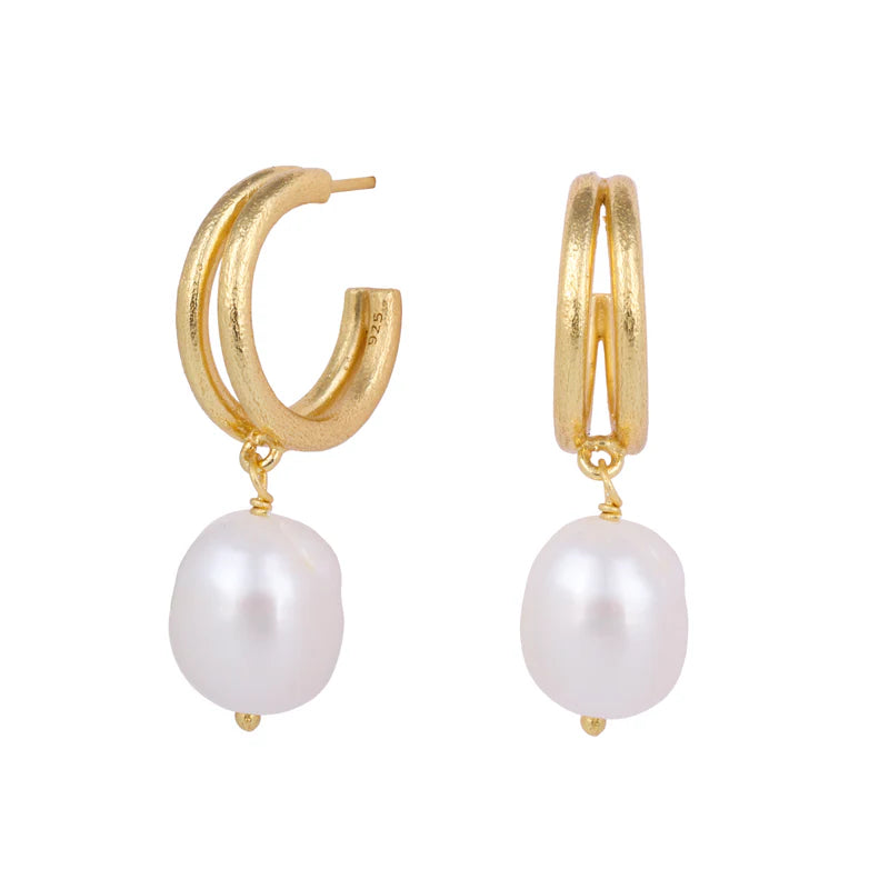 Yellow Gold Plated Half Hoop Freshwater Pearl Drop Earrings