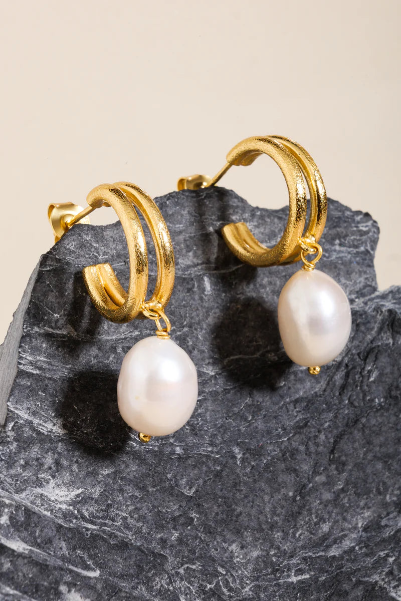 Yellow Gold Plated Half Hoop Freshwater Pearl Drop Earrings