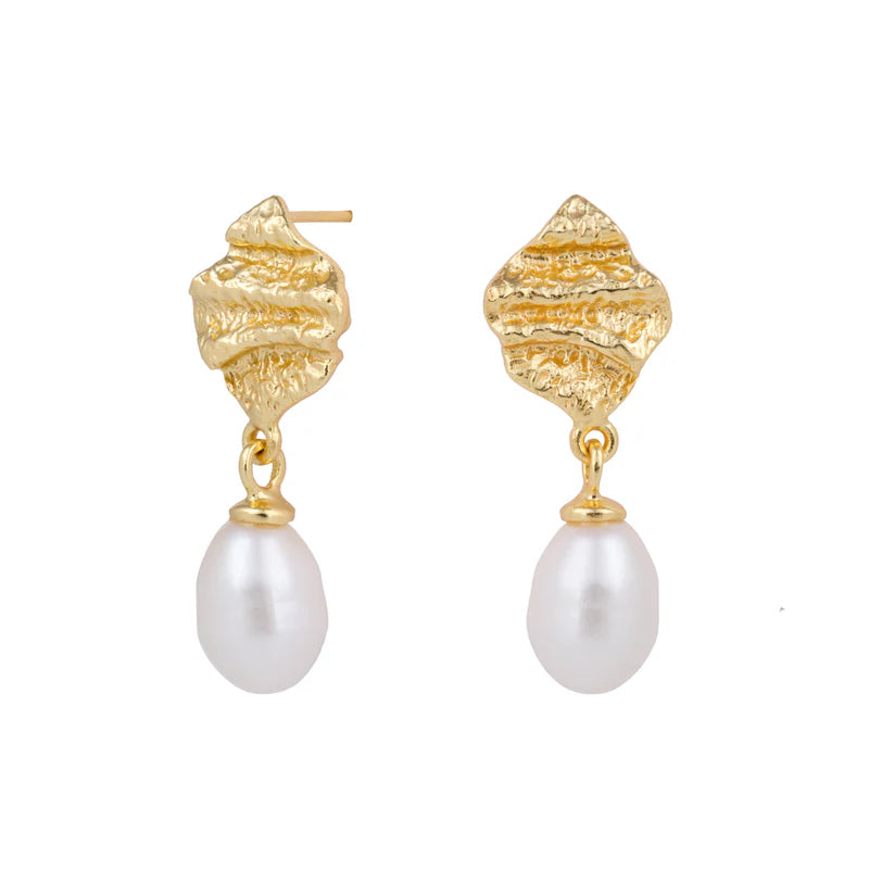 Yellow Gold Plated Leaf and Freshwater Pearl Drop Earrings