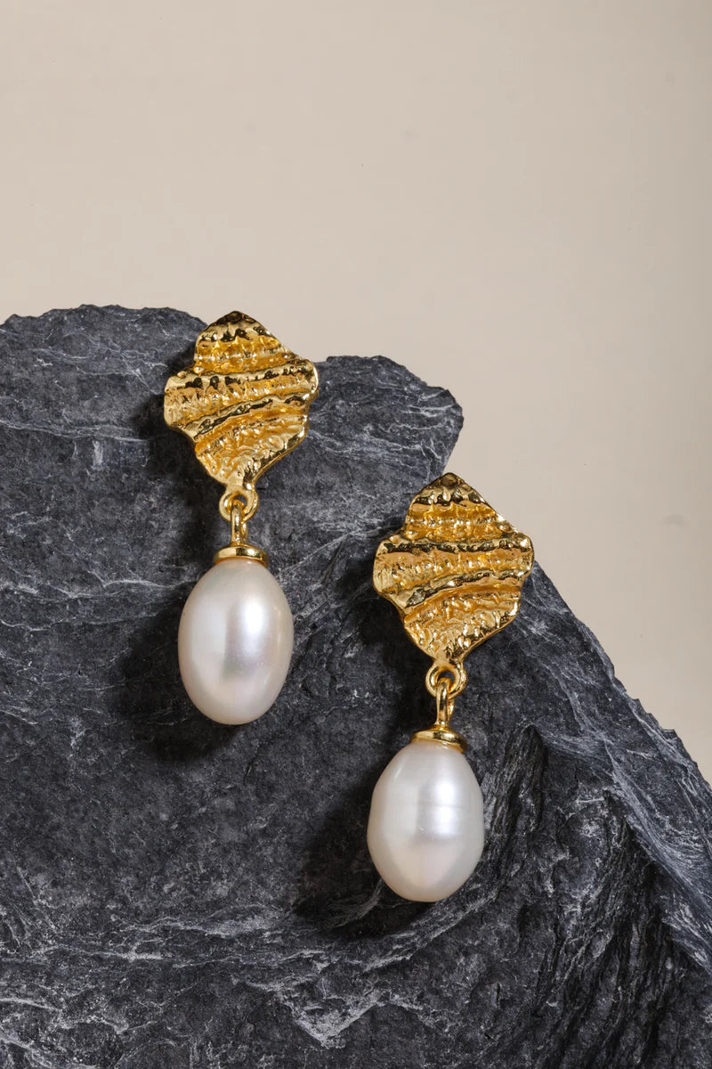 Yellow Gold Plated Leaf and Freshwater Pearl Drop Earrings