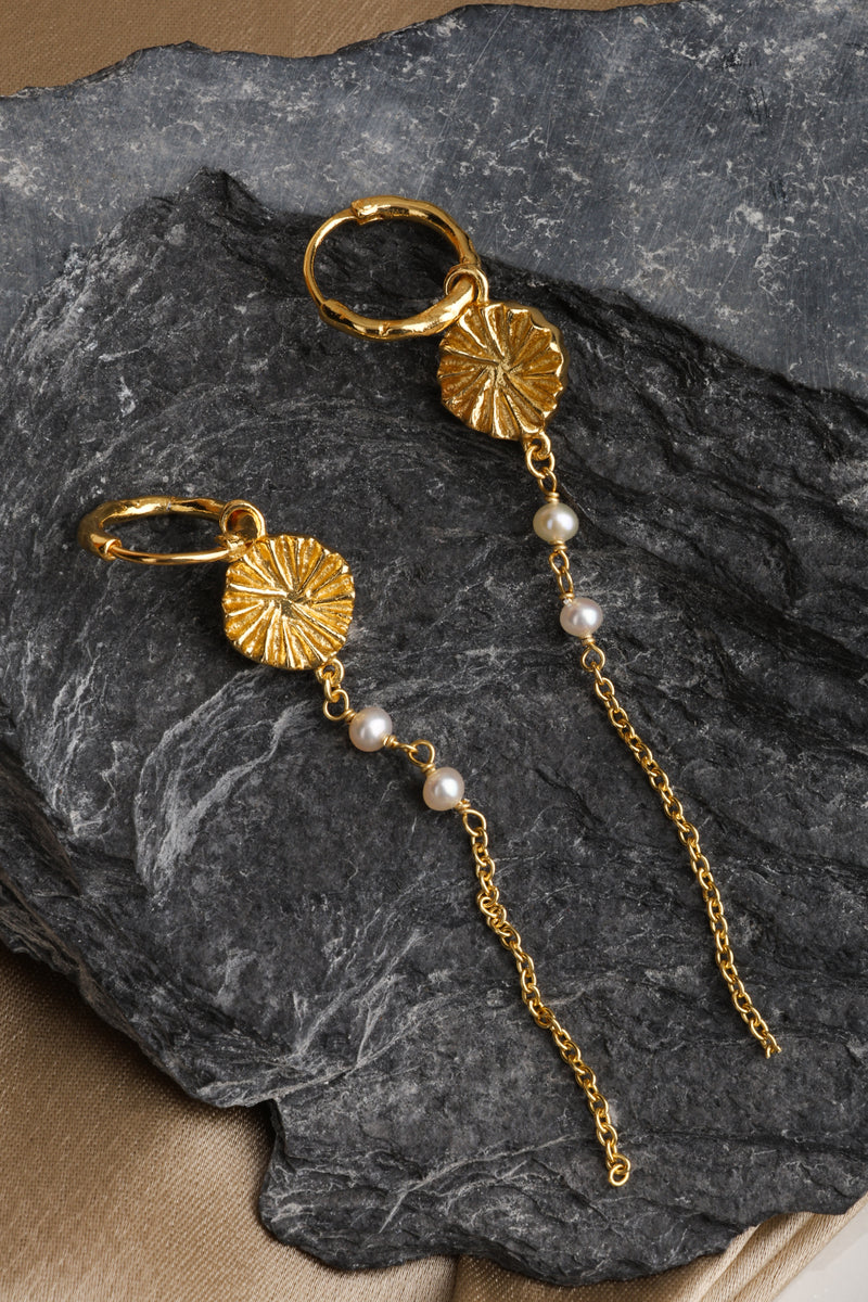 Yellow Gold Plated Flower, Pearl and Chain Drop Earrings