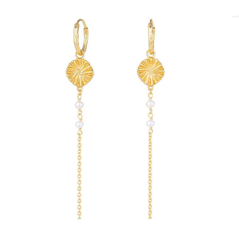 Yellow Gold Plated Flower, Pearl and Chain Drop Earrings