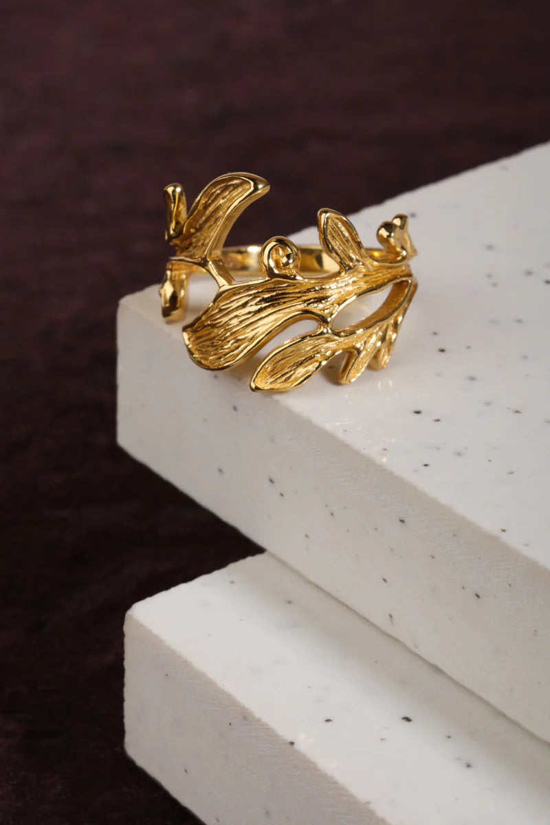Yellow Gold Plated Open Leaf Ring