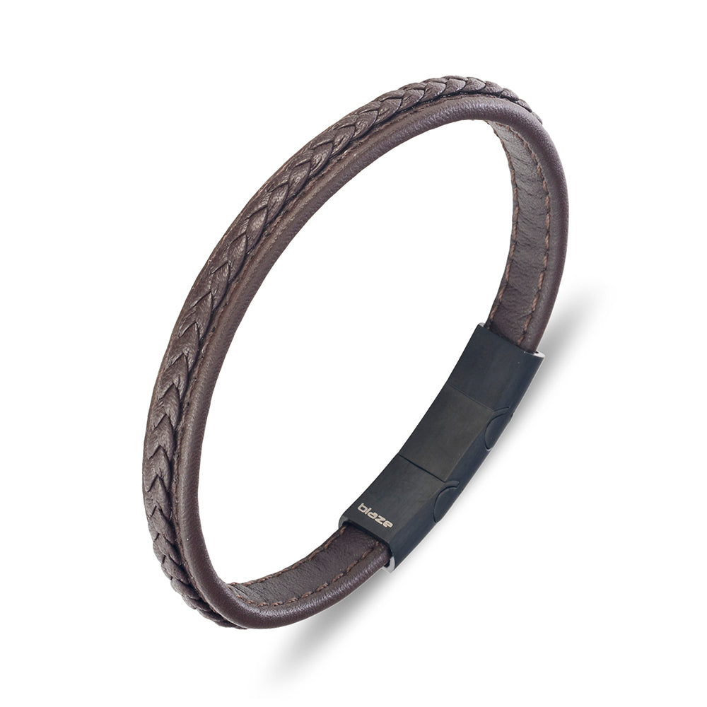 Stainless Steel Brown Leather Bracelet, 21cm