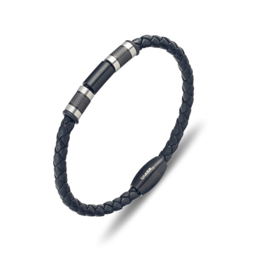 Stainless Steel Black Leather Bracelet, 21.5cm