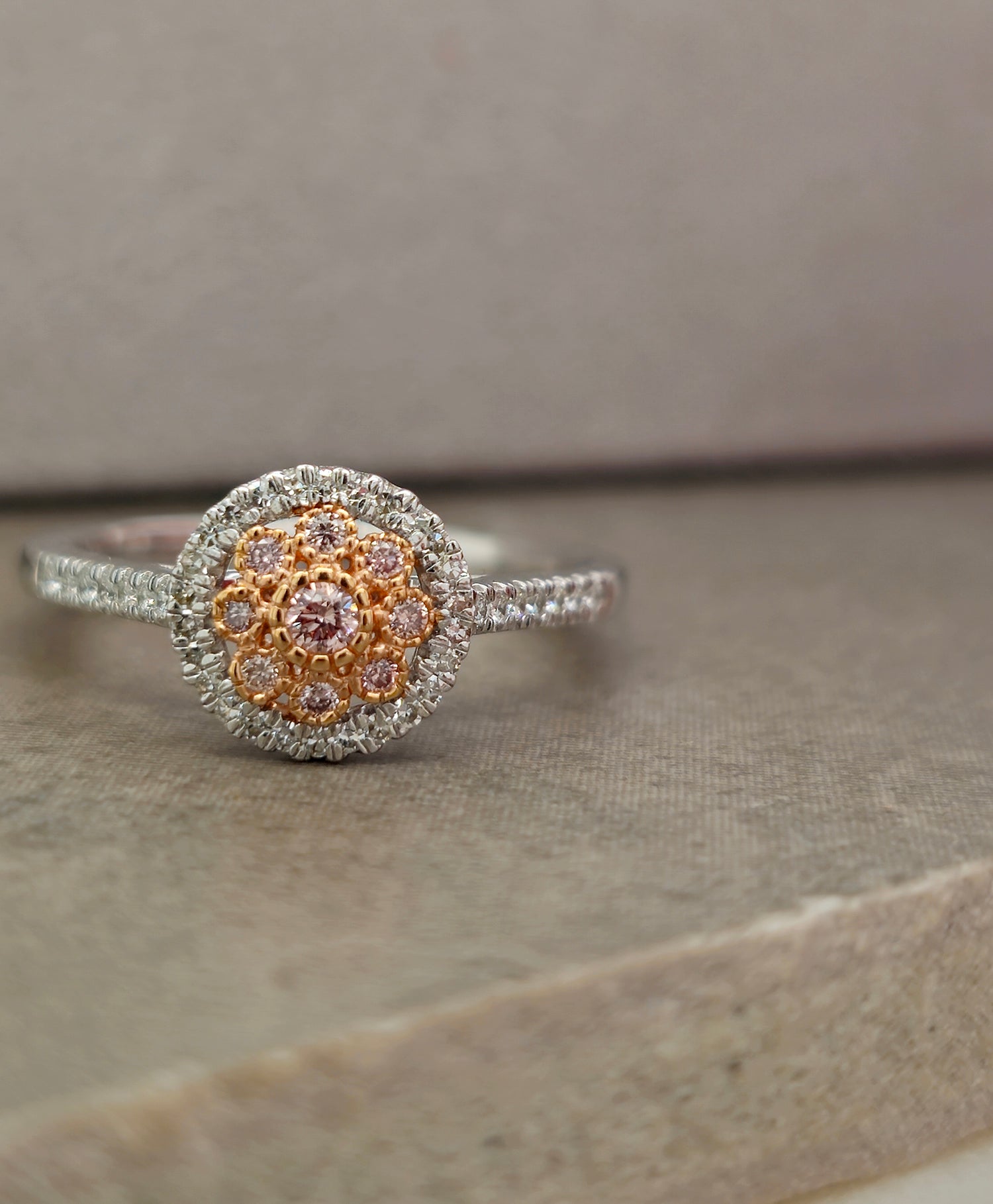 9ct White Gold 0.25ct Natural Australian Pink Diamond Halo Ring