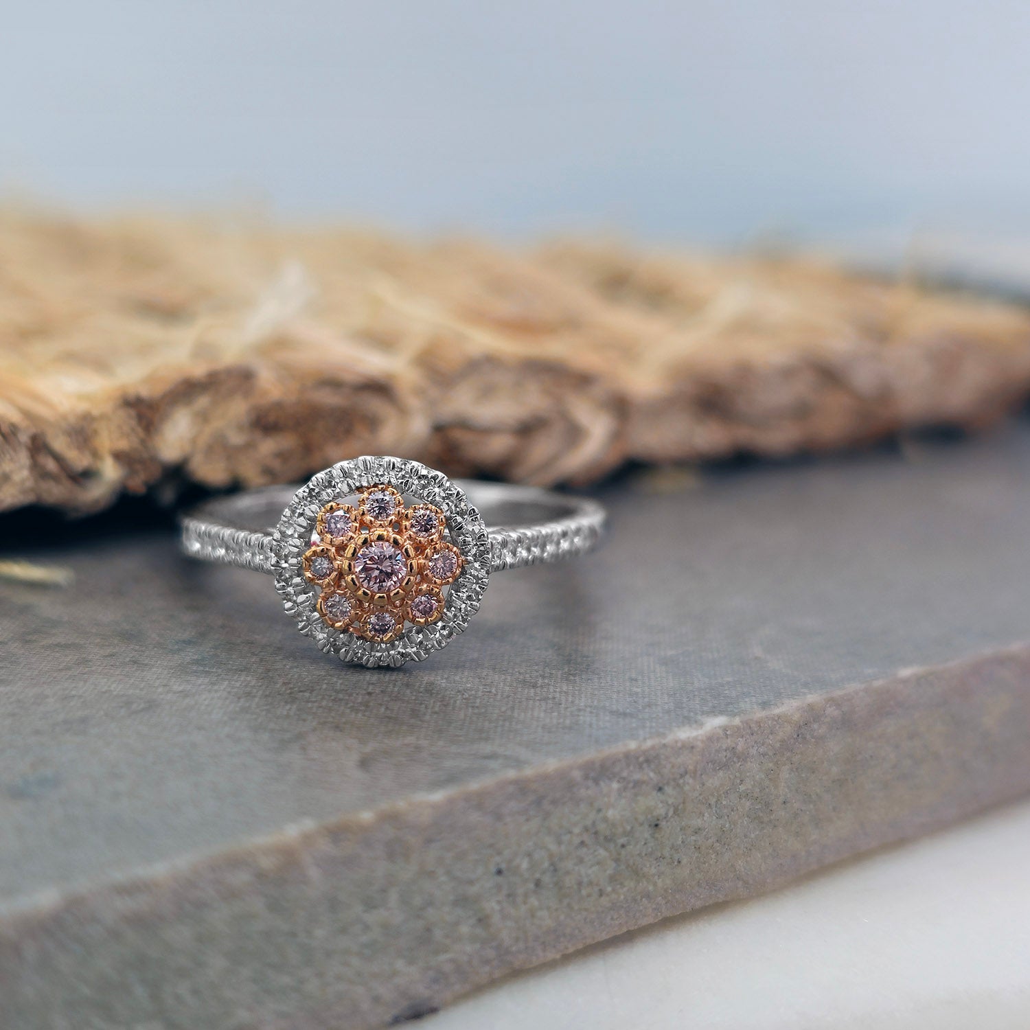 9ct White Gold 0.25ct Natural Australian Pink Diamond Halo Ring