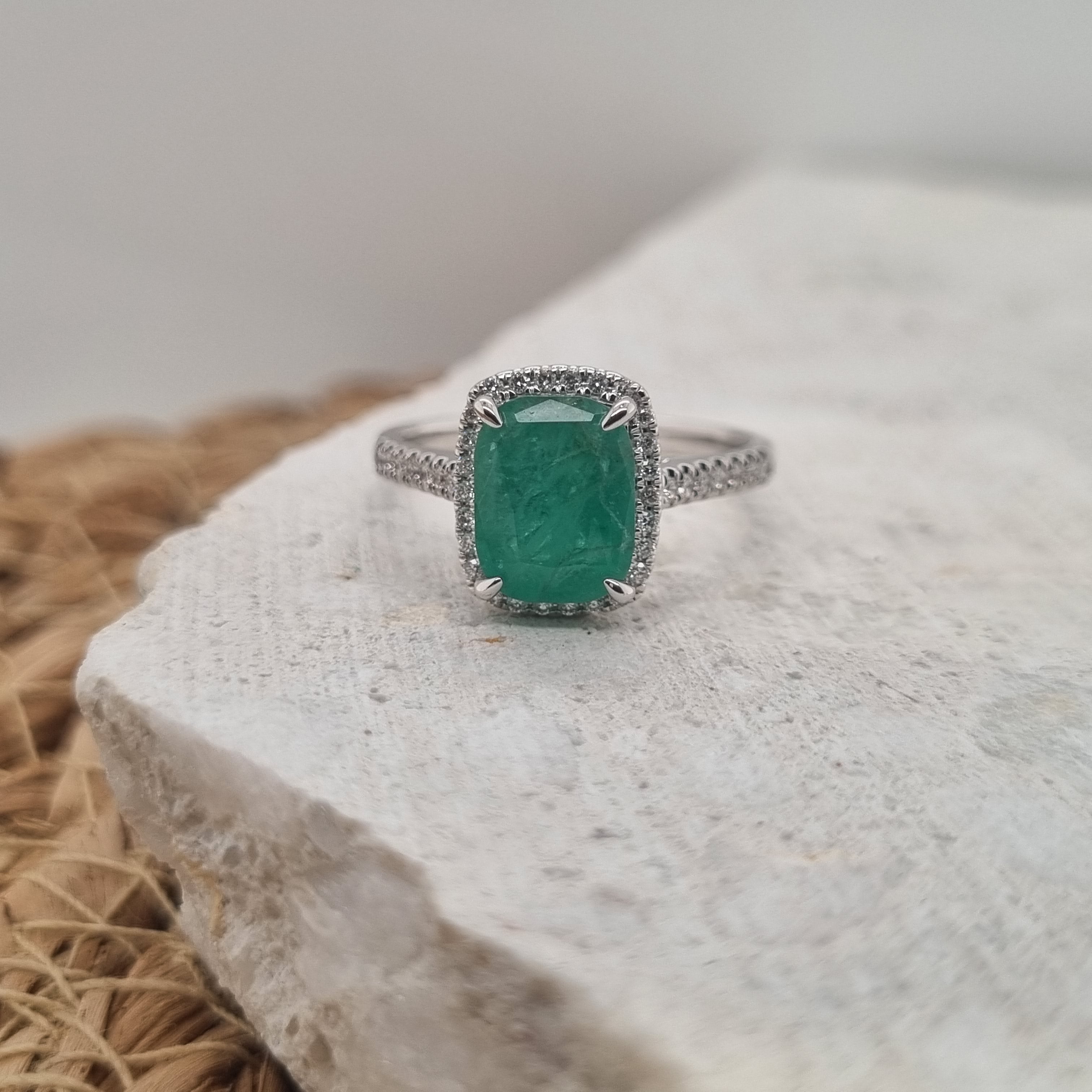 18ct White Gold, Emerald & Diamond Ring