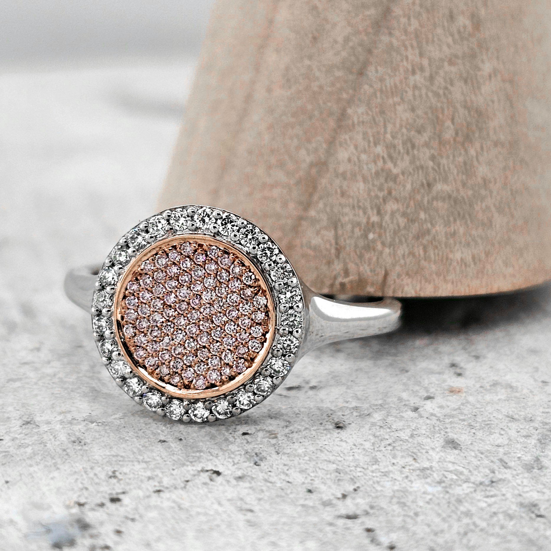 Argyle Pink Caviar Diamonds set in 9ct White, Yellow and Rose Gold, 0.32 carats total.