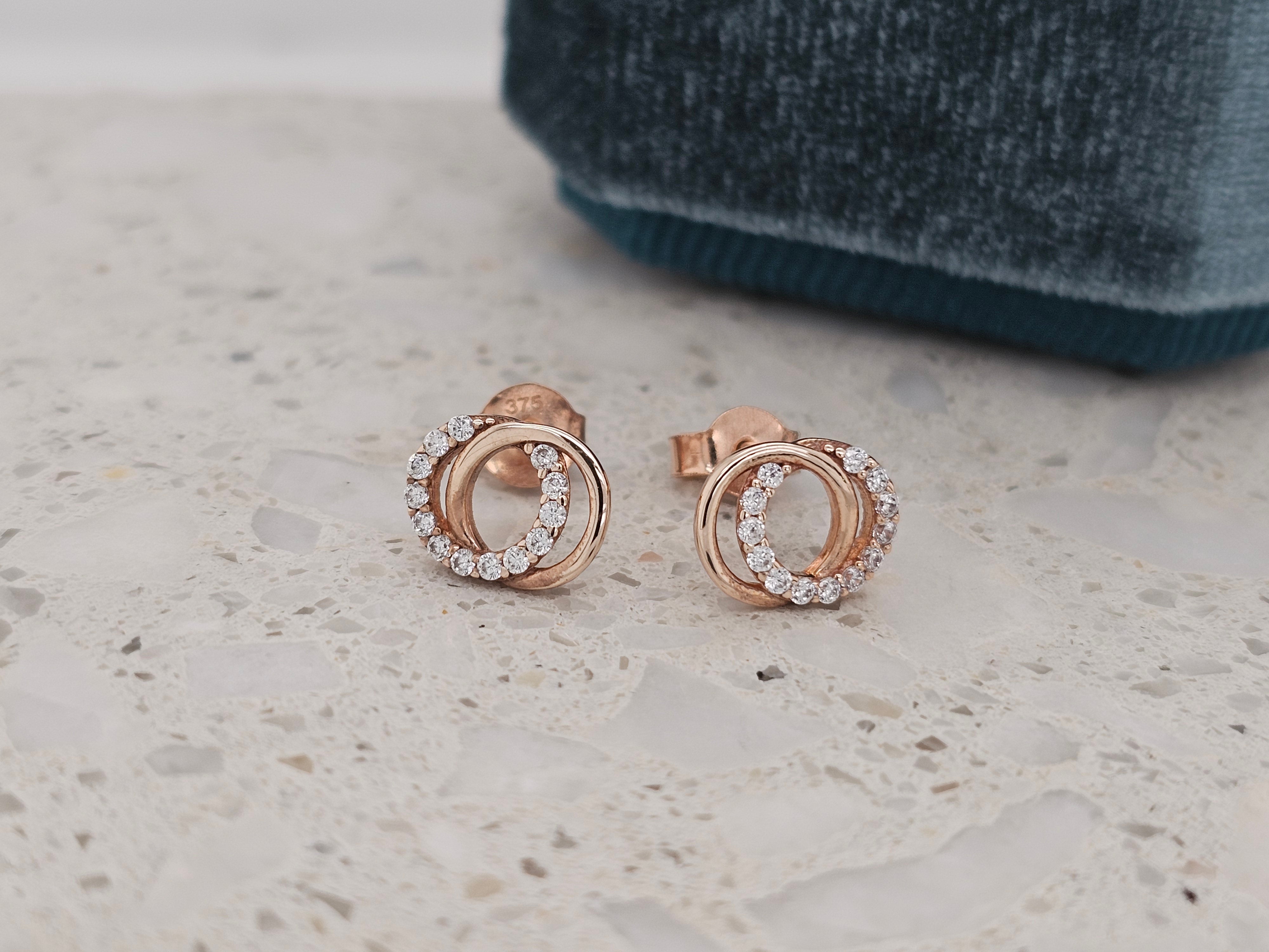 9ct Rose Gold CZ and Polished Double Circle stud earrings