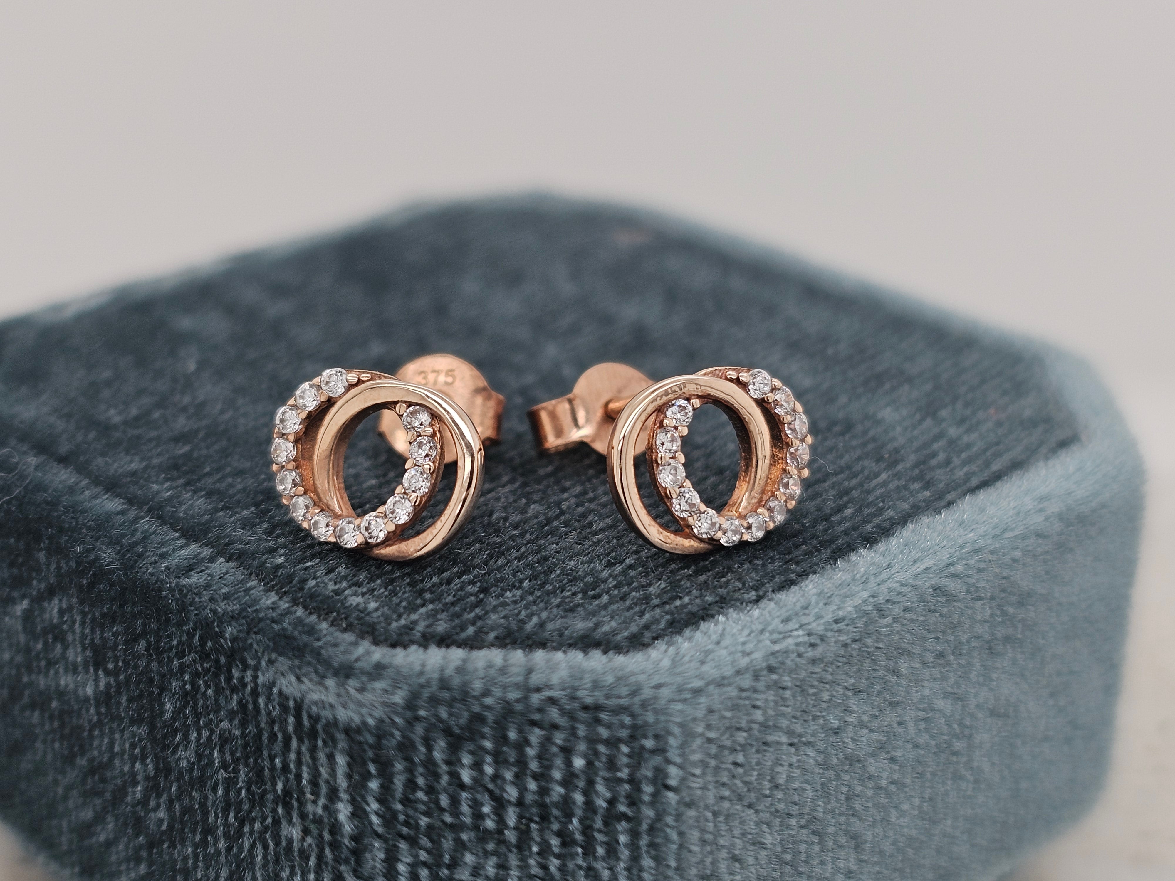 9ct Rose Gold CZ and Polished Double Circle stud earrings