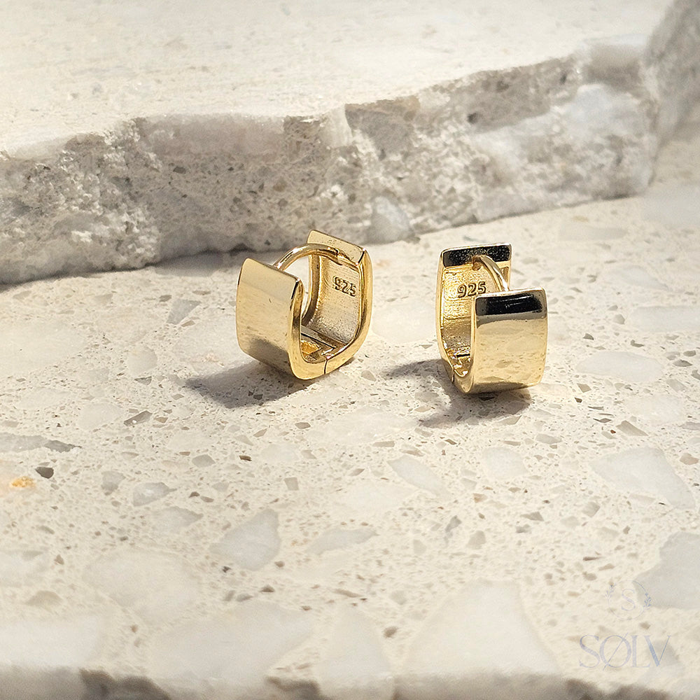 Solv Sterling Silver Gold Plated Chunky Square Huggie Earrings