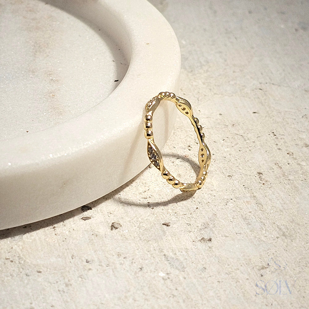 Solv Sterling Silver Gold Plated Beaded Cubic Zirconia Ring, Size 9