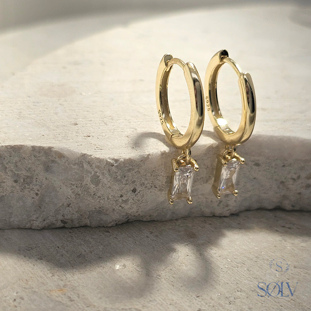 Solv Sterling Silver Gold Plated Baguette Drop Huggie Earrings