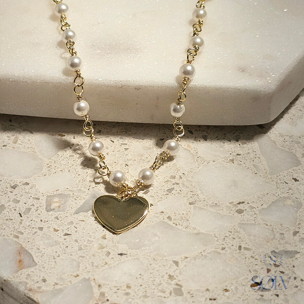 Solv Sterling Silver Yellow Gold Plated Pearl and Heart Bracelet, 17cm