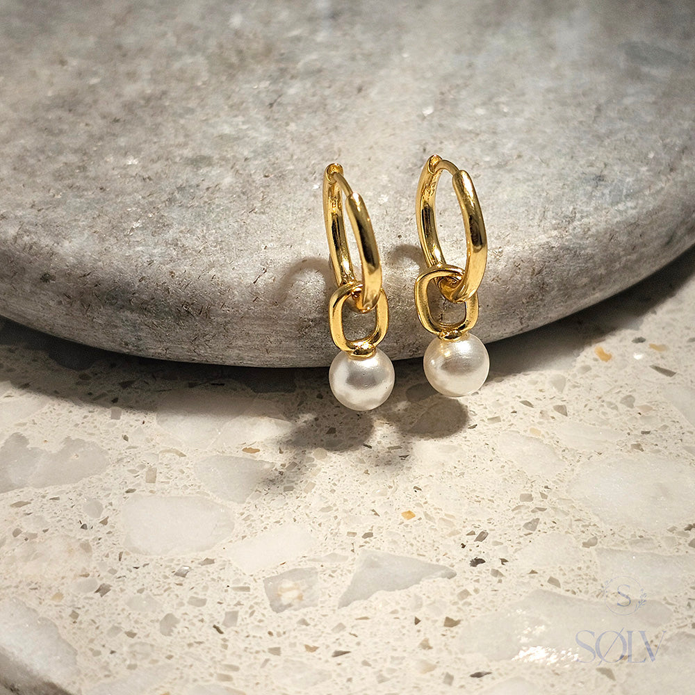 Solv Sterling Silver Gold Plated Pearl Drop Huggie Earrings