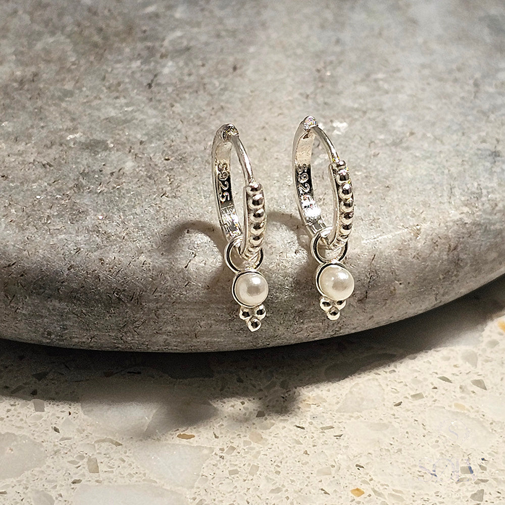 Solv Sterling Silver Patterned Huggie Earrings with Freshwater Pearl Drop