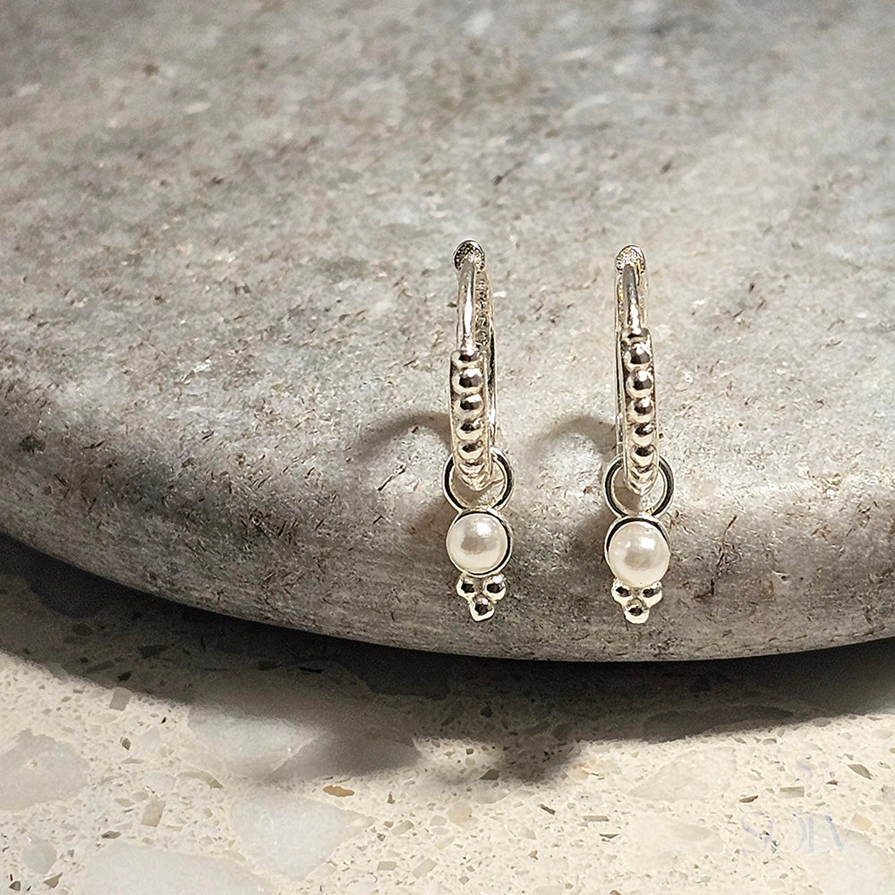 Solv Sterling Silver Patterned Huggie Earrings with Freshwater Pearl Drop