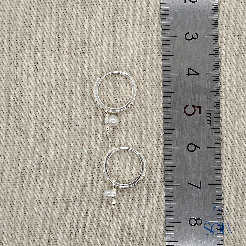 Solv Sterling Silver Patterned Huggie Earrings with Freshwater Pearl Drop