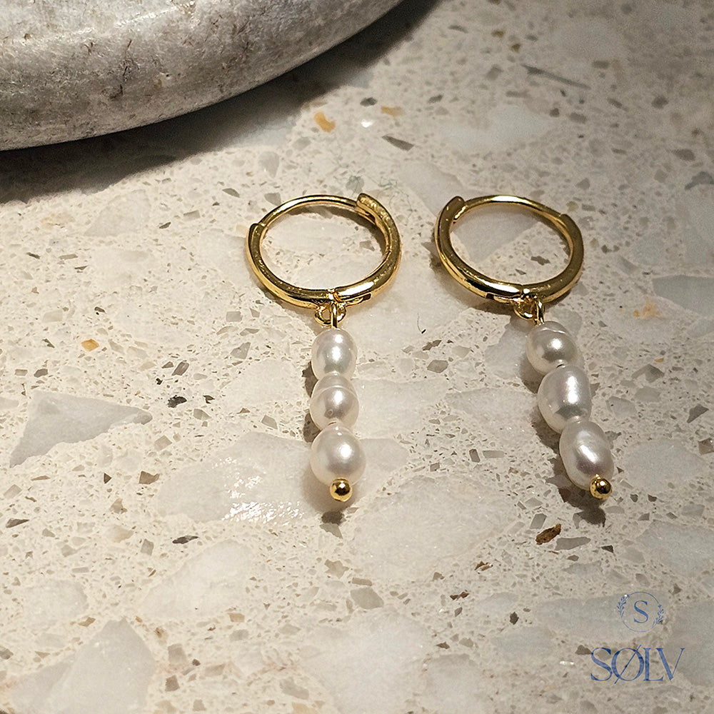 Solv Sterling Silver Gold Plated Freshwater Pearl Drop Huggie Earrings