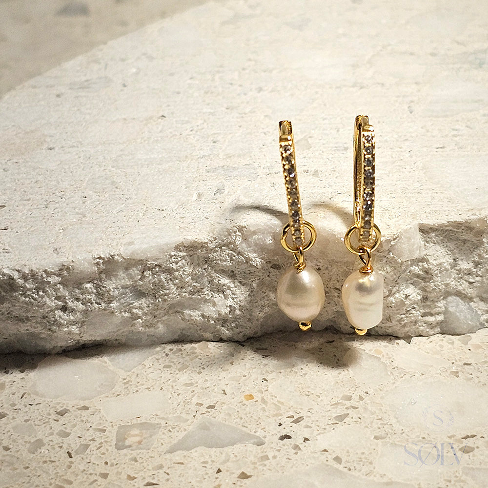 Solv Sterling Silver Gold Plated Pearl Drop Huggie Earrings