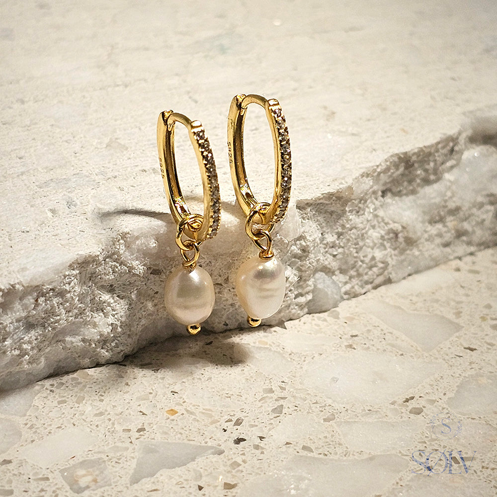 Solv Sterling Silver Gold Plated Pearl Drop Huggie Earrings