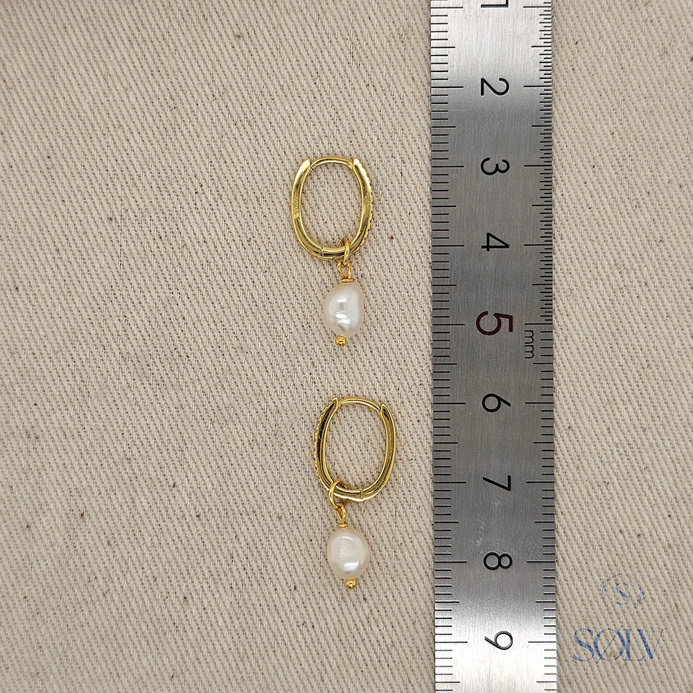 Solv Sterling Silver Gold Plated Pearl Drop Huggie Earrings