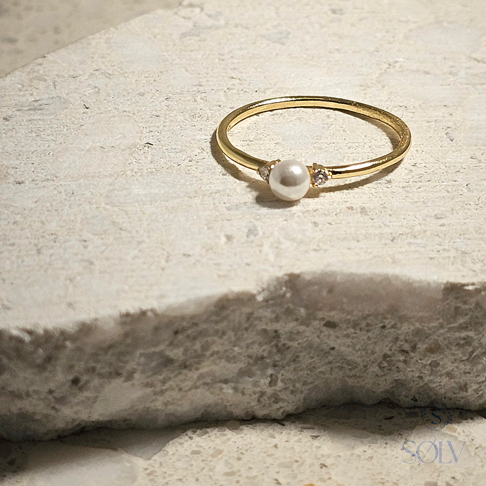Solv Sterling Silver Gold Plated Pearl and Cubic Zirconia Ring, Size 7