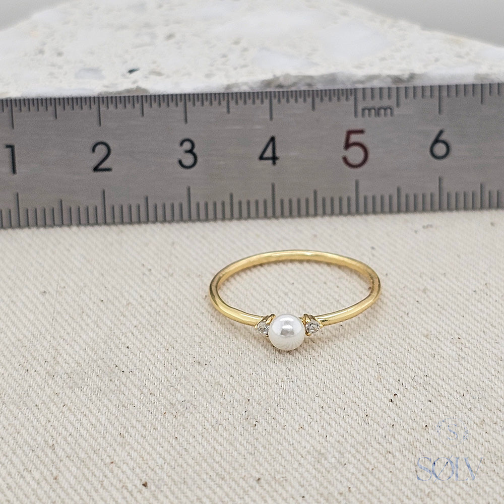 Solv Sterling Silver Gold Plated Pearl and Cubic Zirconia Ring, Size 7