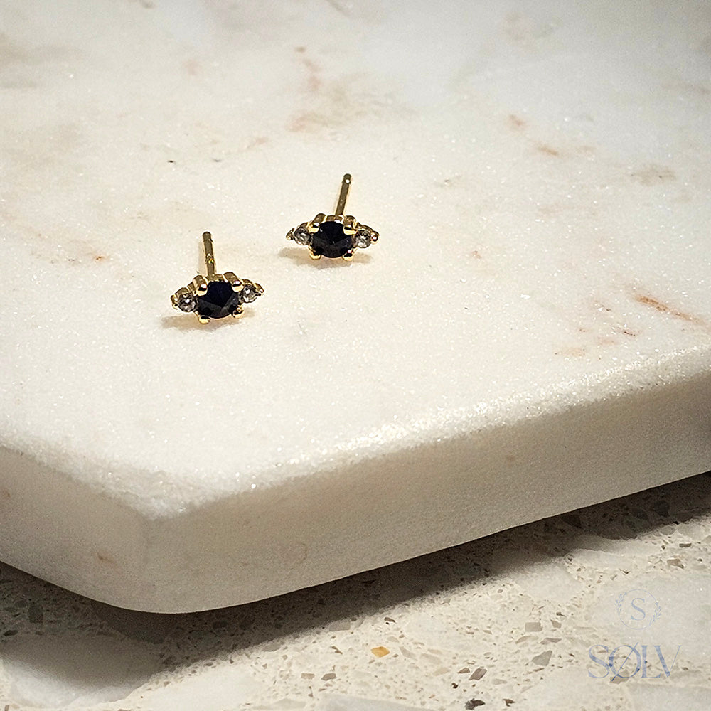 Solv Sterling Silver Yellow Gold Plated Sapphire and Cubic Zirconia Stud Earrings