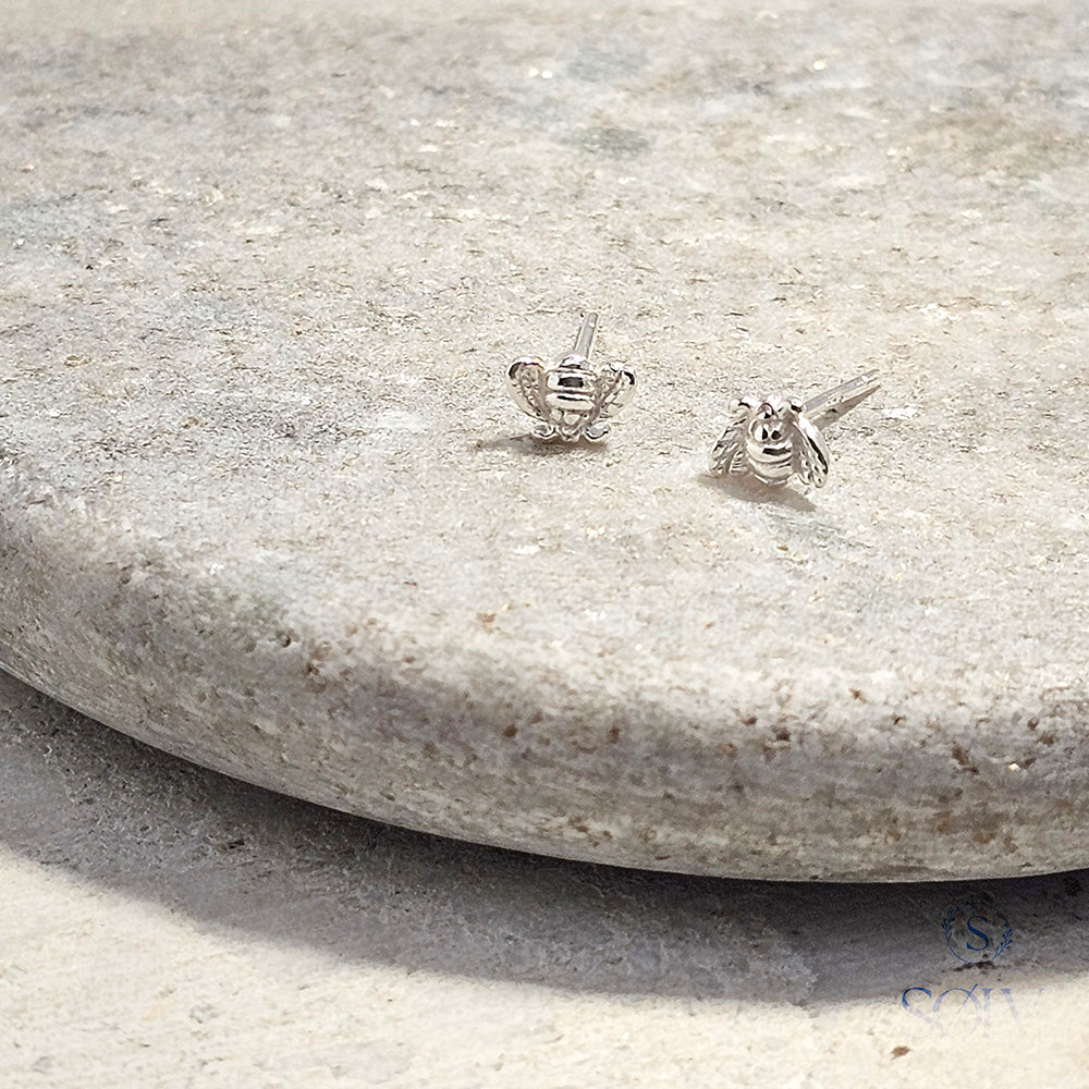 Solv Sterling Silver Mini Bee Stud Earrings