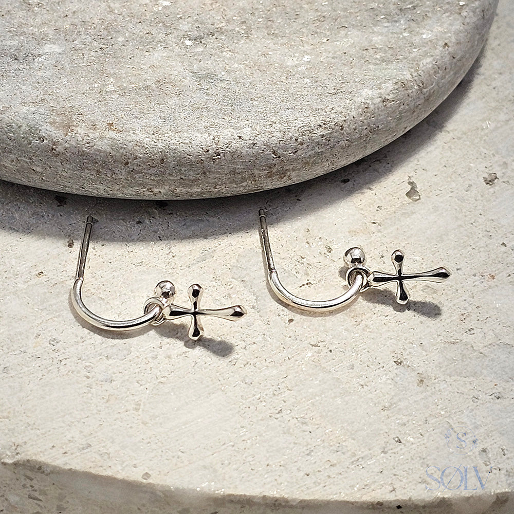 Solv Sterling Silver Half Hoop Earrings with Crosses