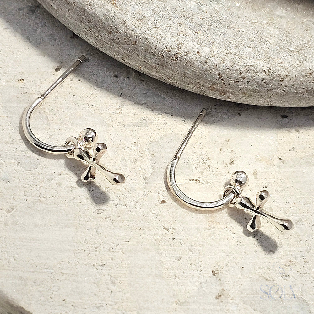 Solv Sterling Silver Half Hoop Earrings with Crosses