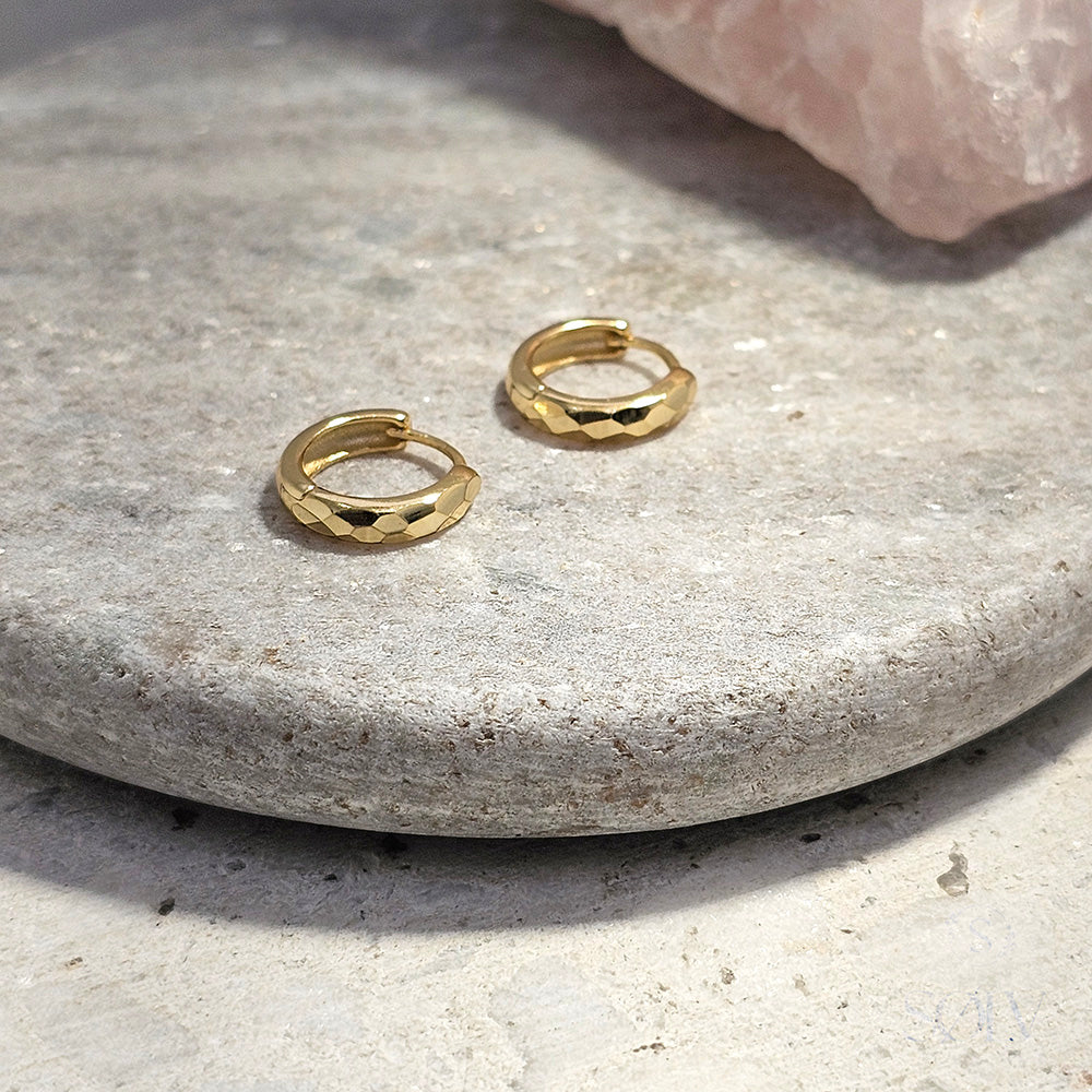 Solv Sterling Silver Gold Plated Etched Huggie Earrings