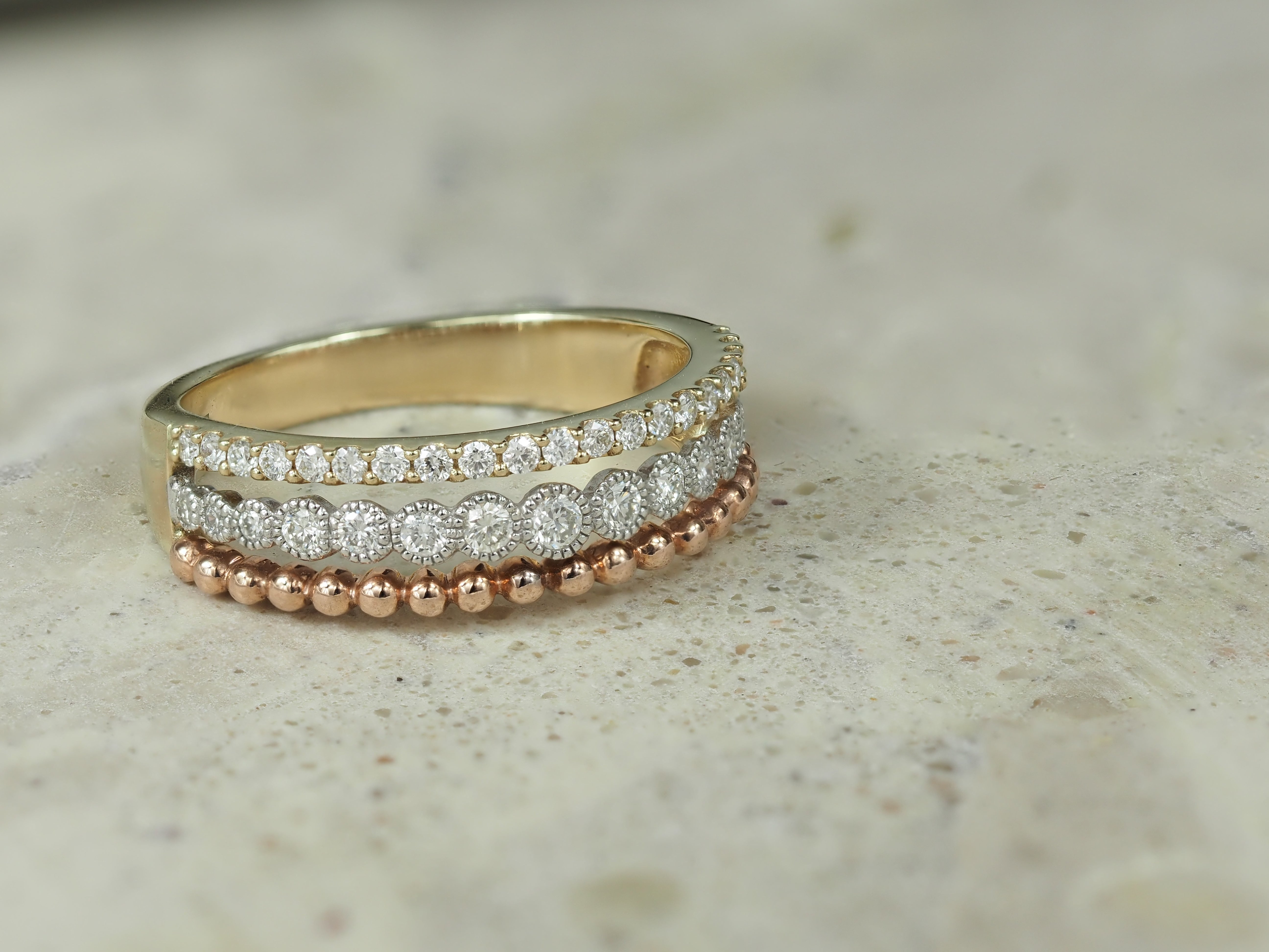 9ct Yellow, Rose and White Gold Multistrand Diamond Ring