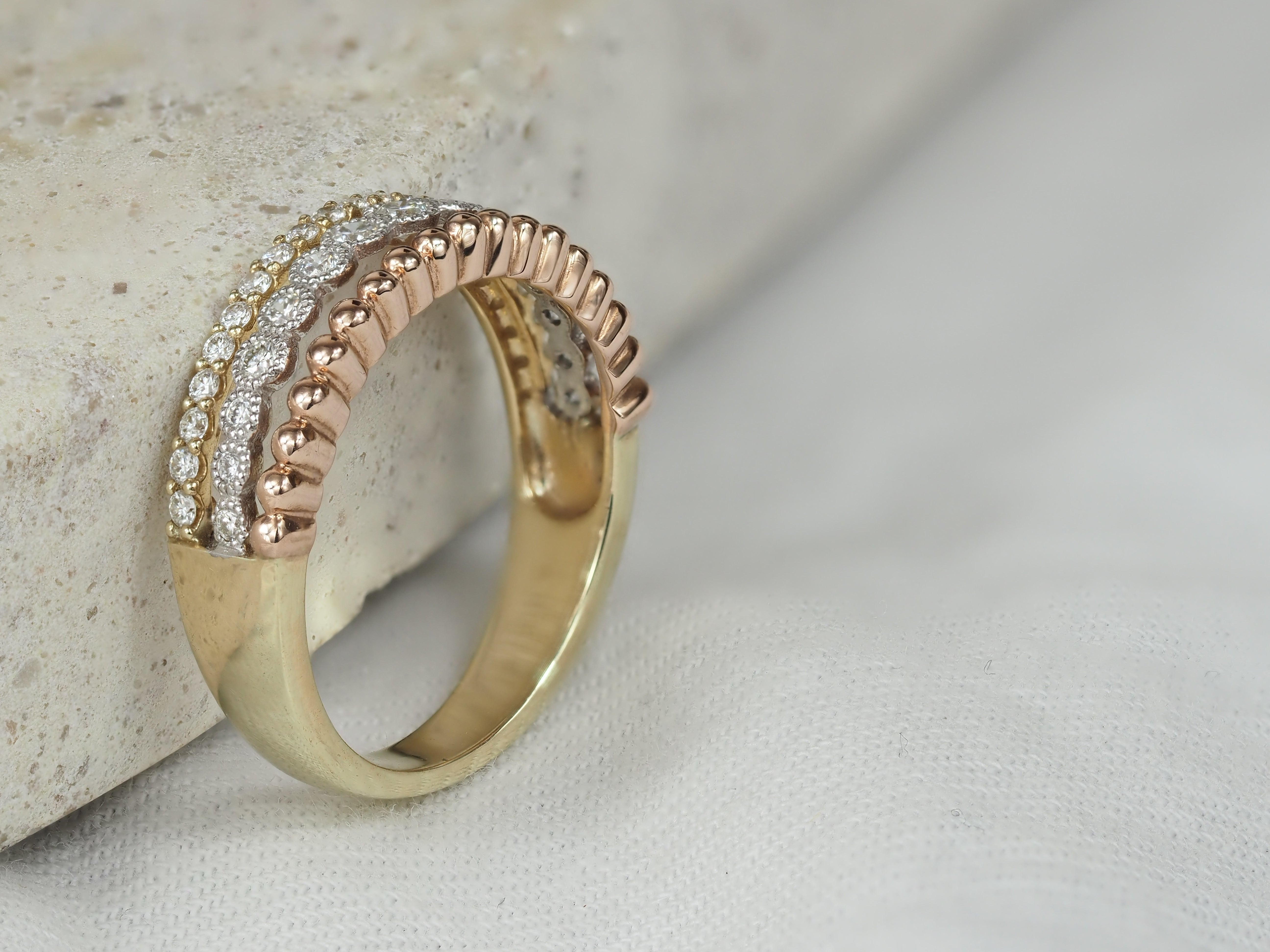 9ct Yellow, Rose and White Gold Multistrand Diamond Ring
