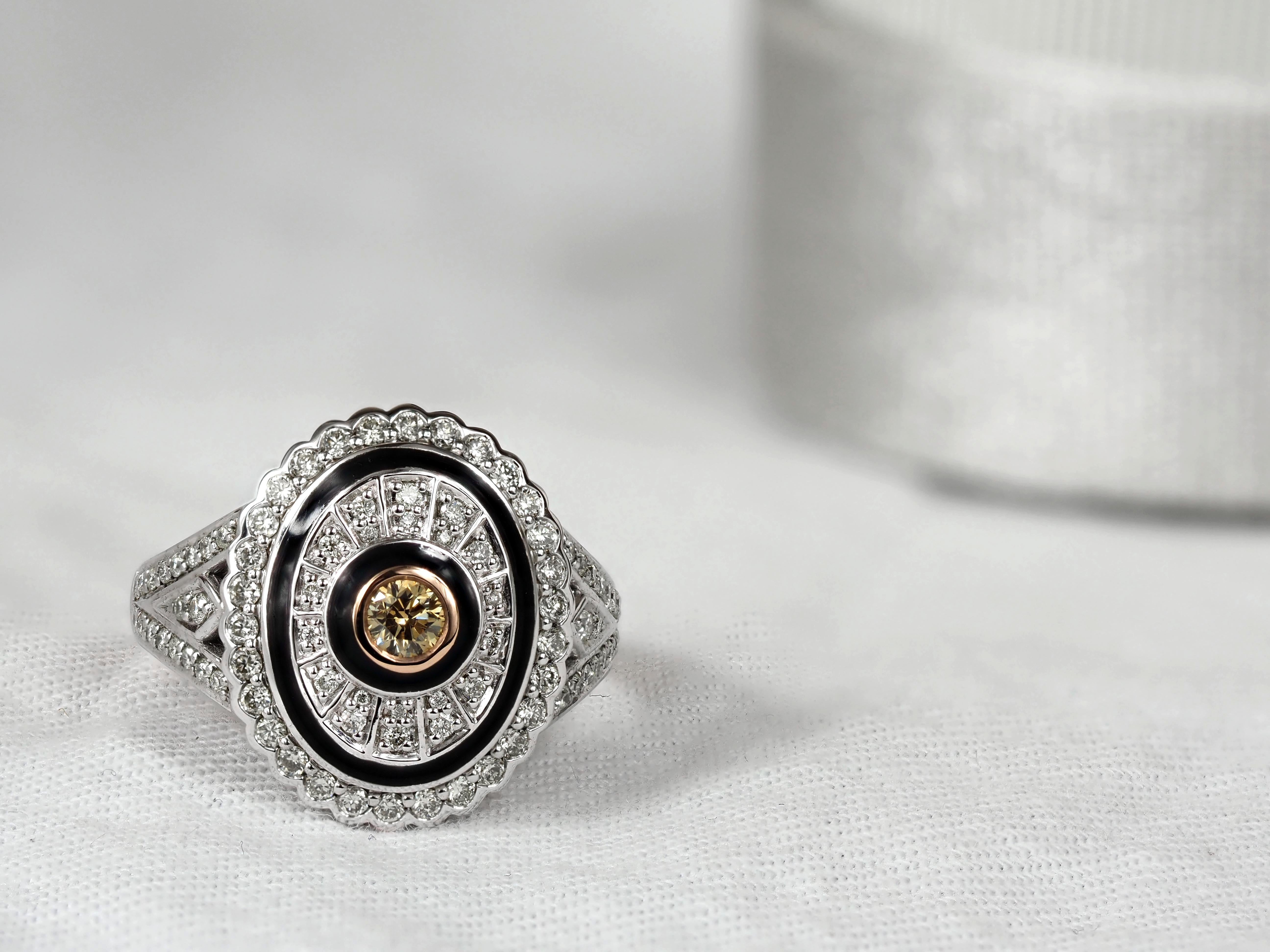 9ct White and Rose Gold Ring with Cognac Diamond & Enamel Detail.