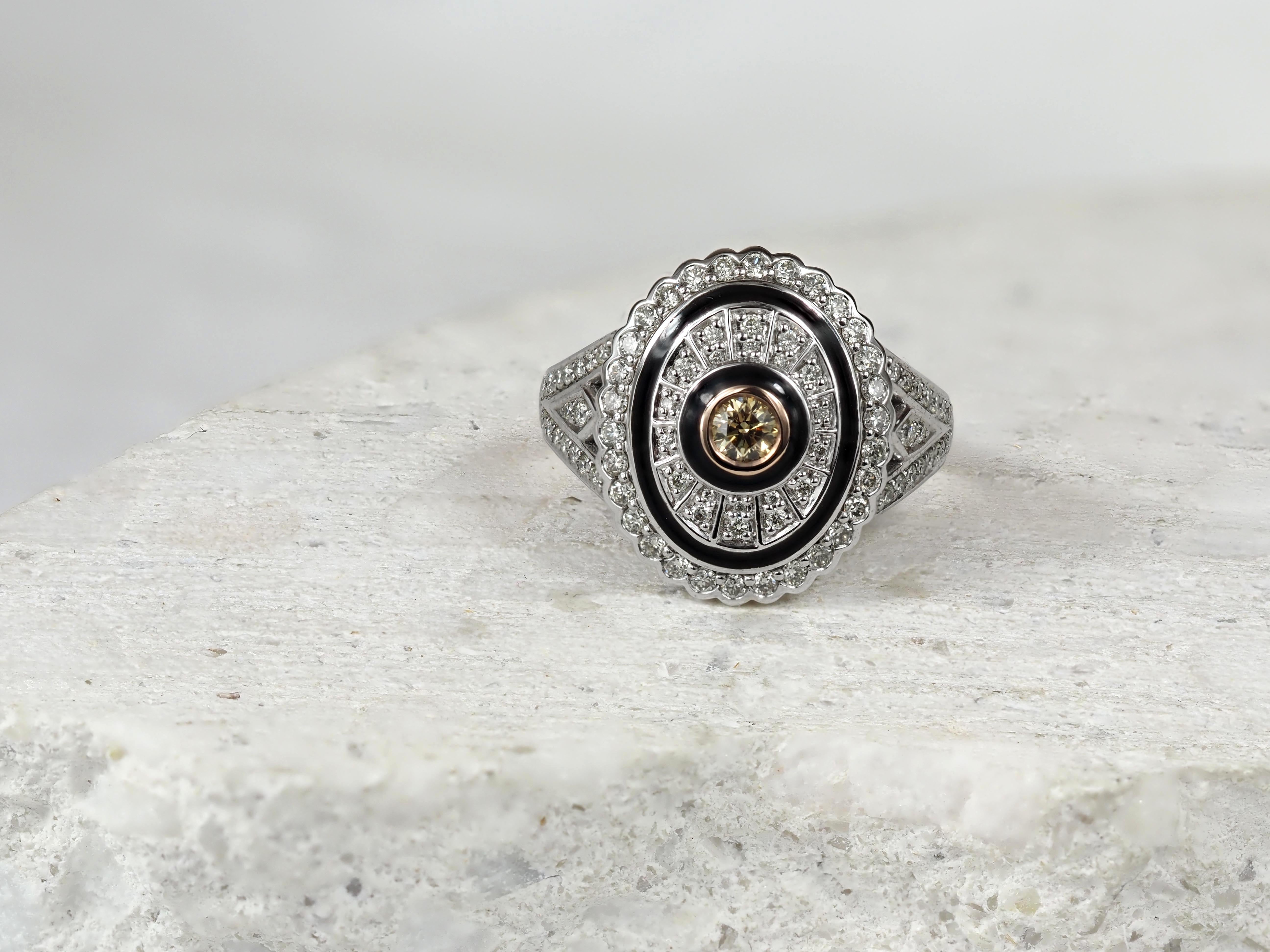 9ct White and Rose Gold Ring with Cognac Diamond & Enamel Detail.