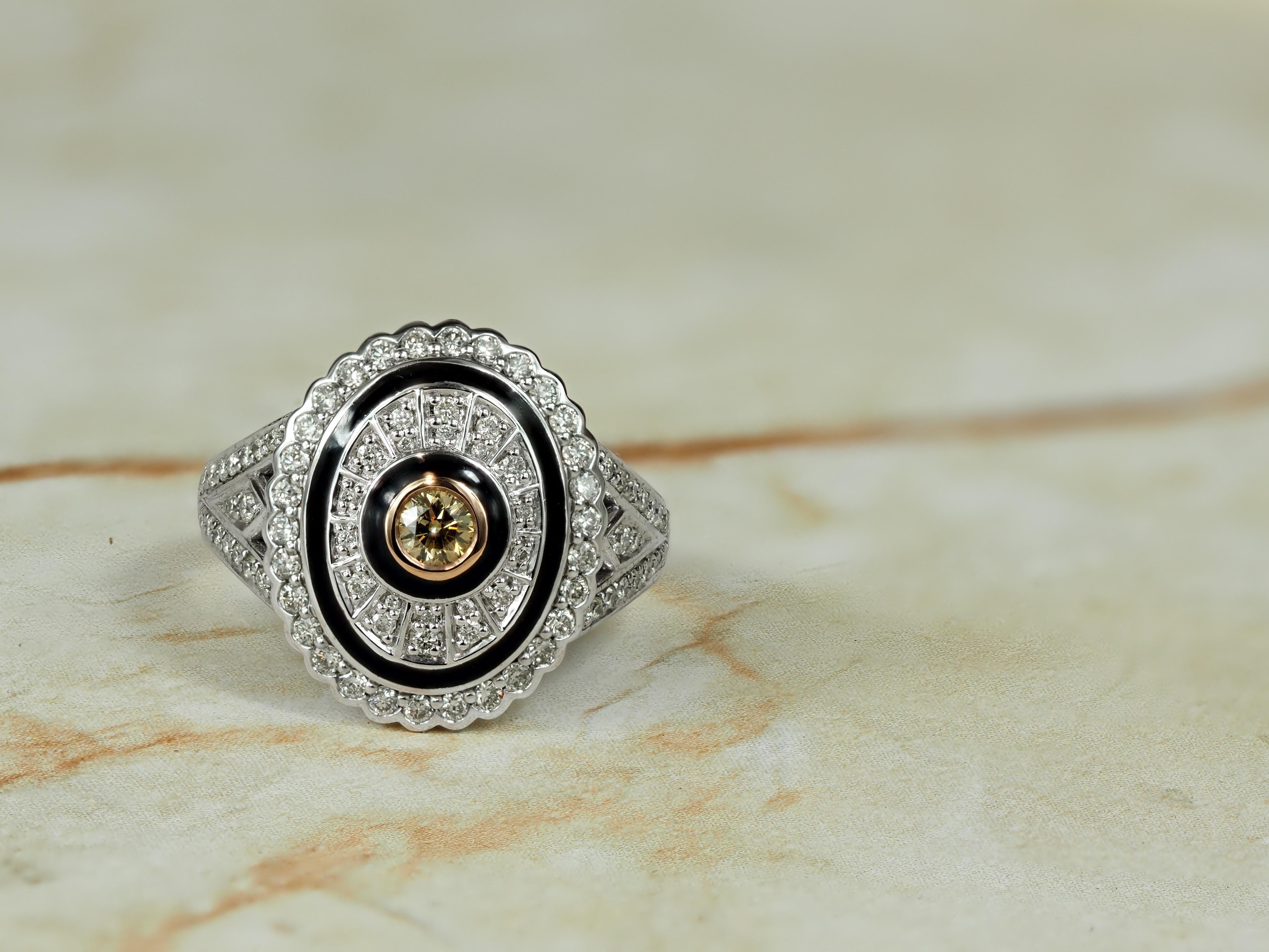 9ct White and Rose Gold Ring with Cognac Diamond & Enamel Detail.