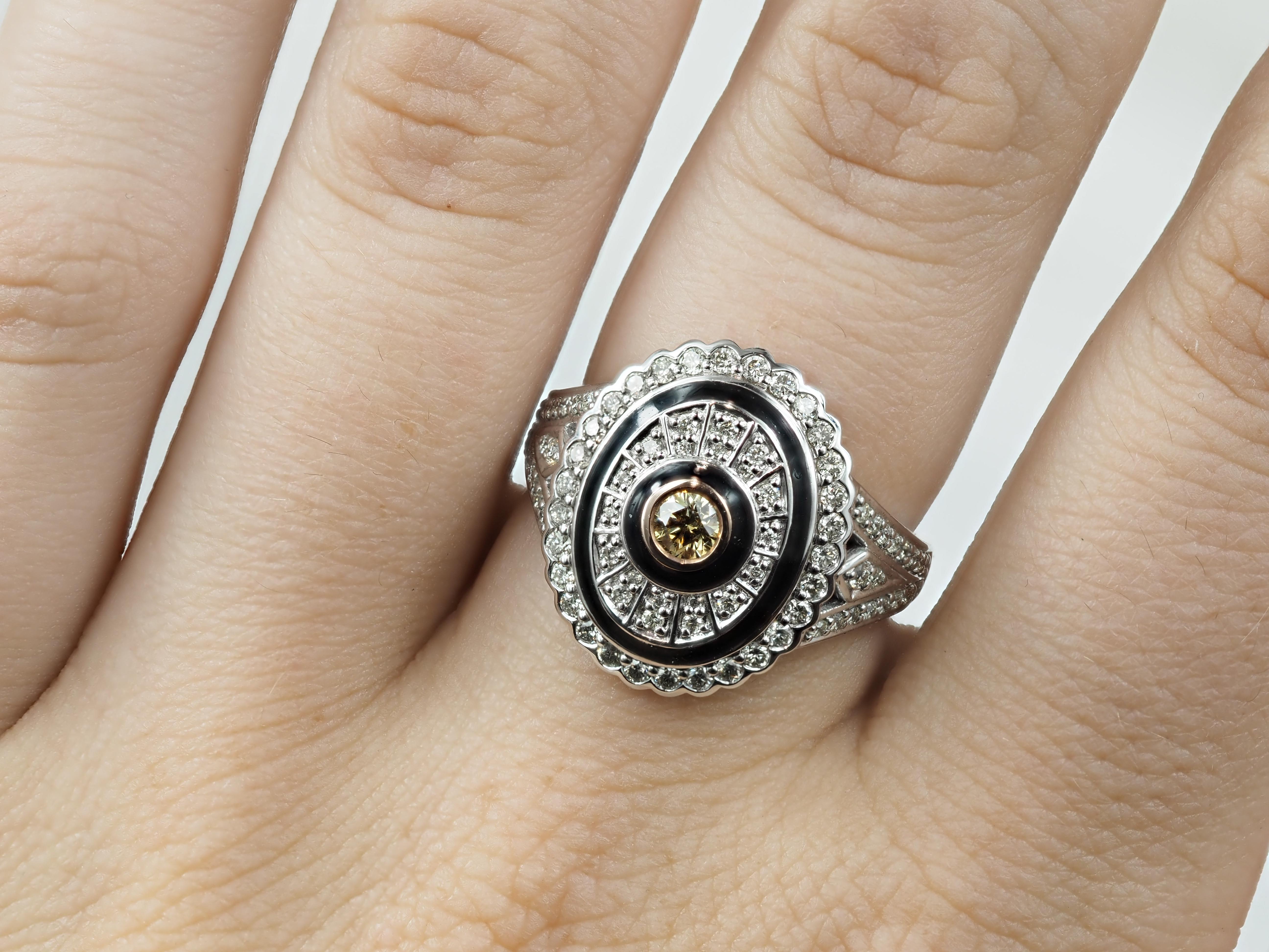 9ct White and Rose Gold Ring with Cognac Diamond & Enamel Detail.