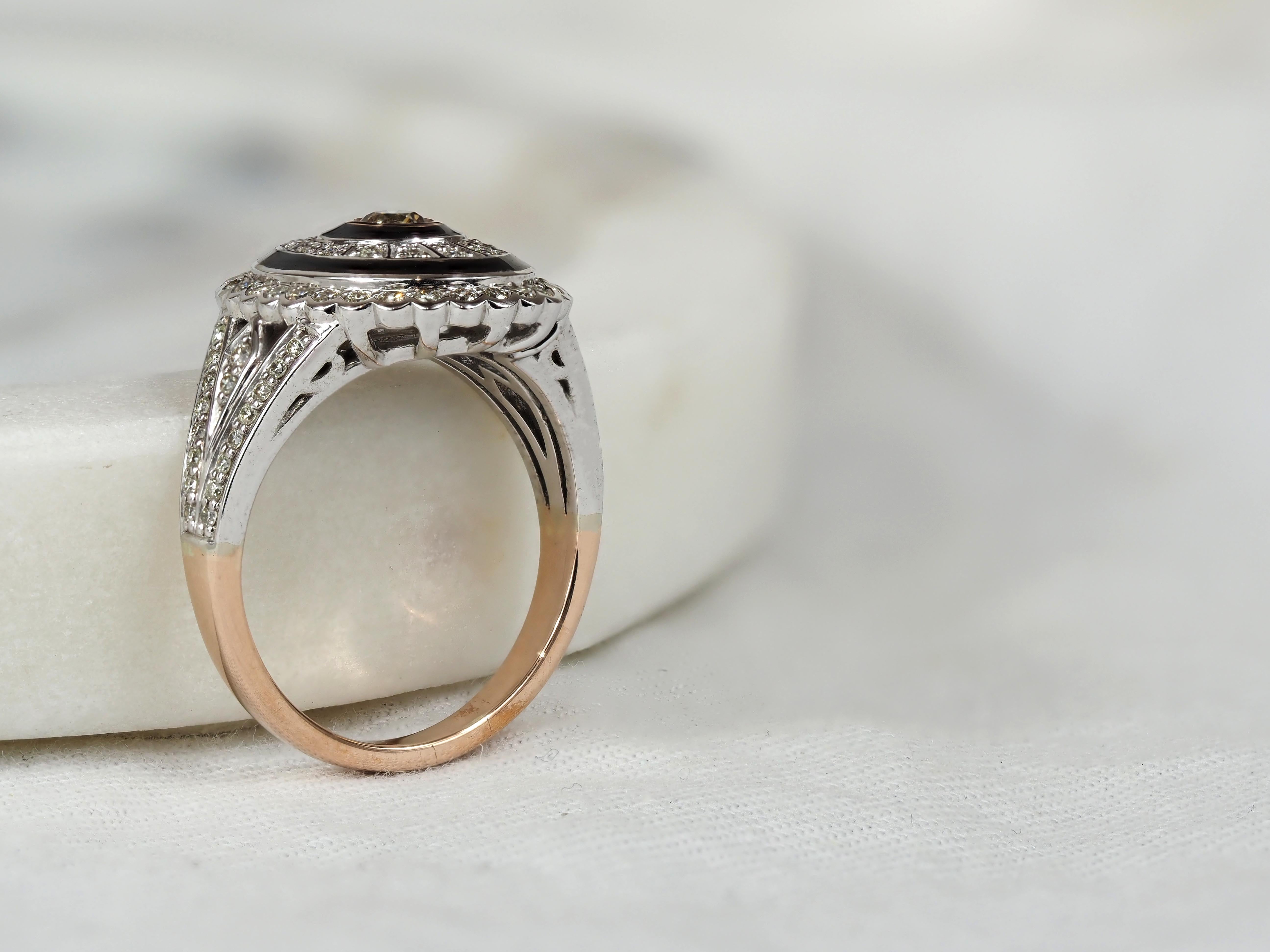 9ct White and Rose Gold Ring with Cognac Diamond & Enamel Detail.