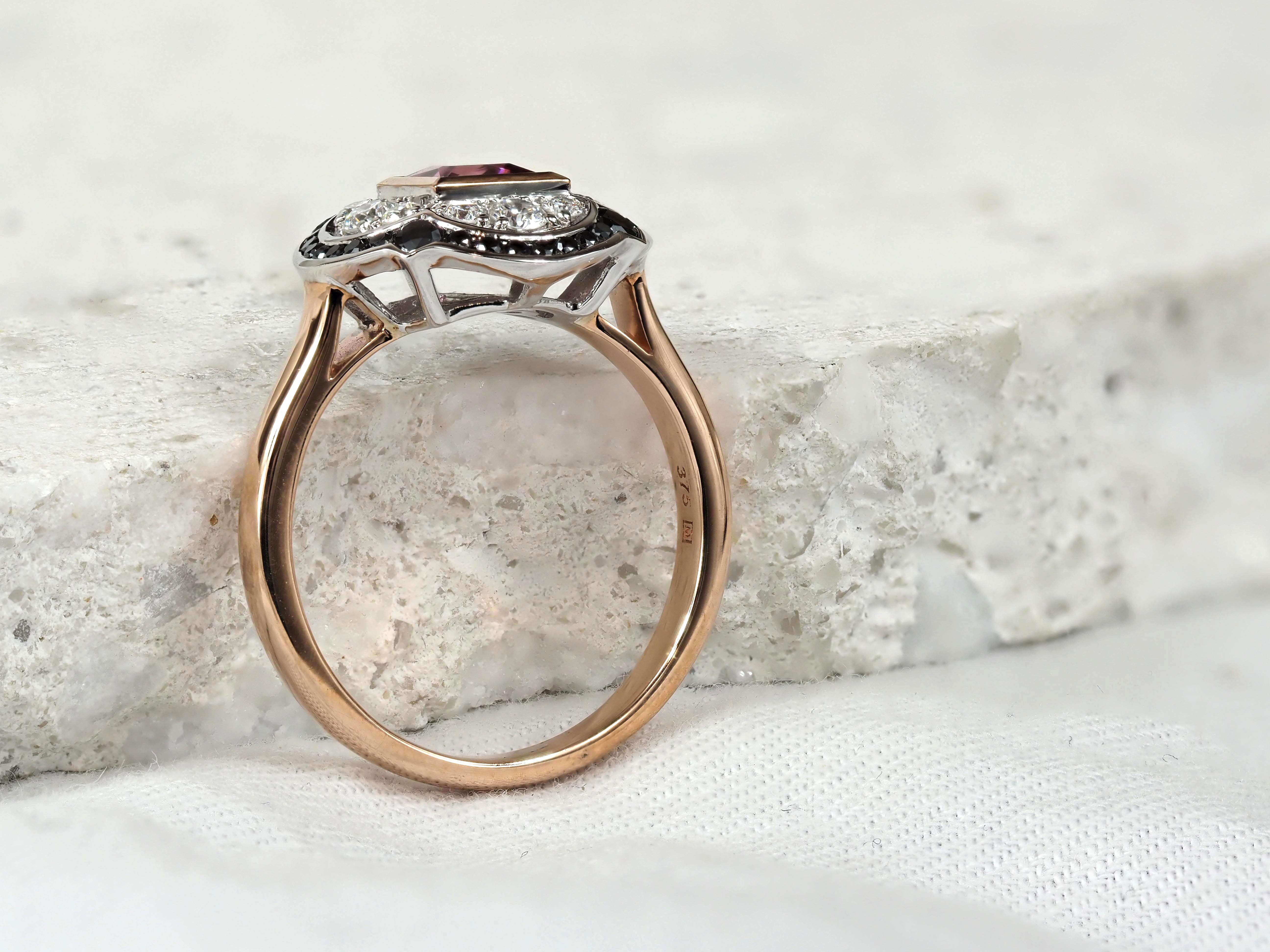 9ct Rose and White Gold Pink Tourmaline and Black Diamonds