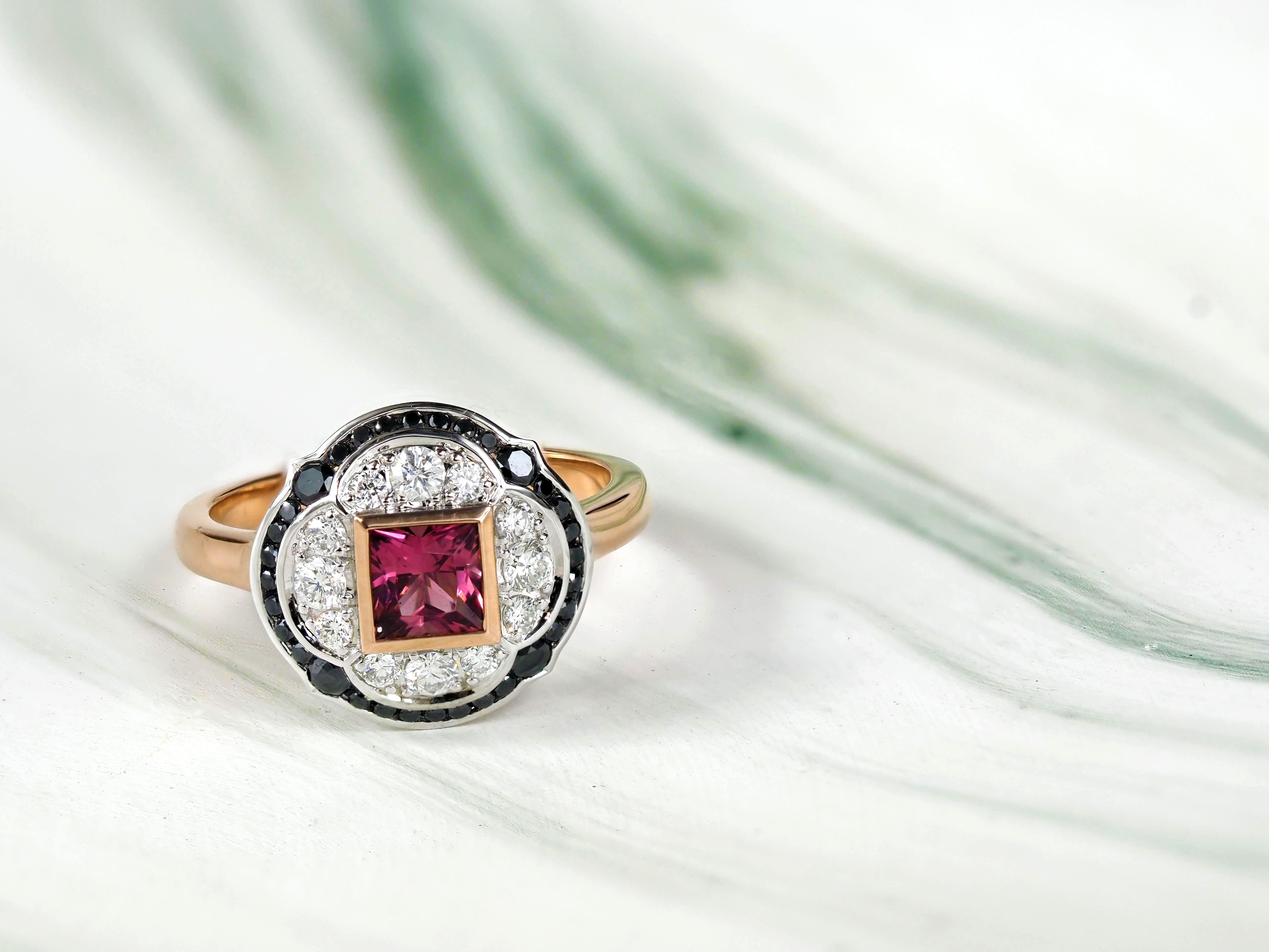 9ct Rose and White Gold Pink Tourmaline and Black Diamonds