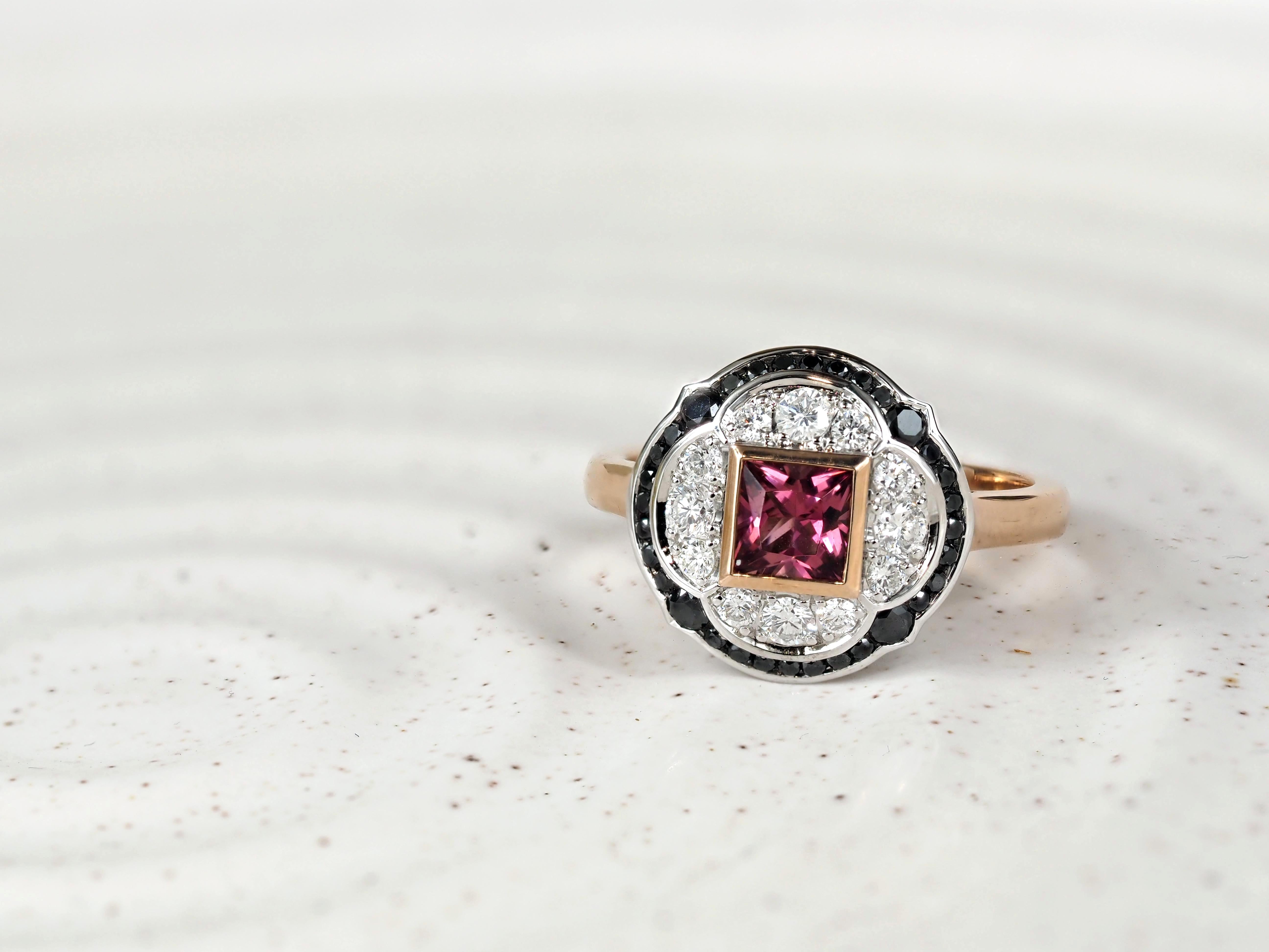 9ct Rose and White Gold Pink Tourmaline and Black Diamonds