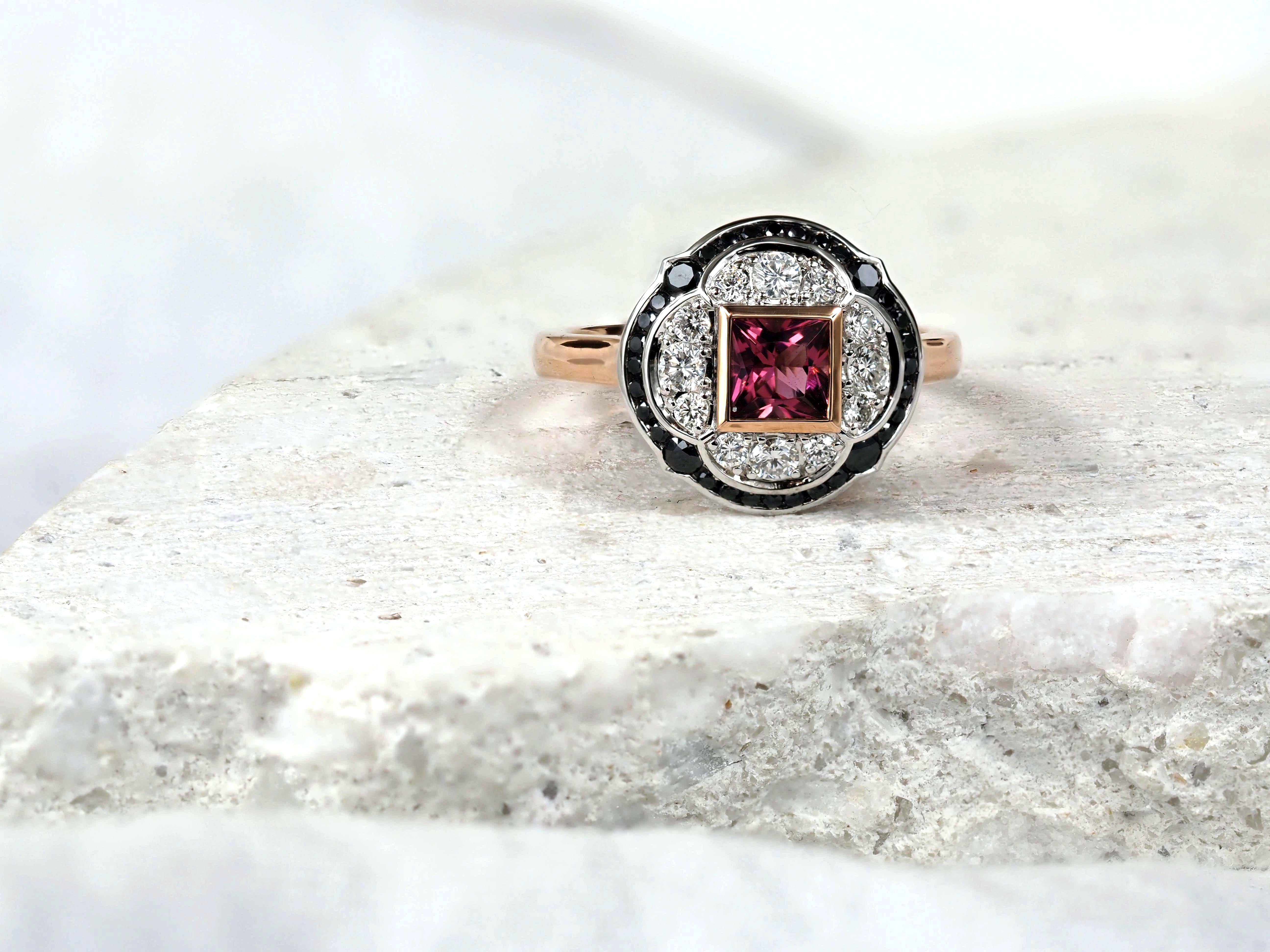 9ct Rose and White Gold Pink Tourmaline and Black Diamonds