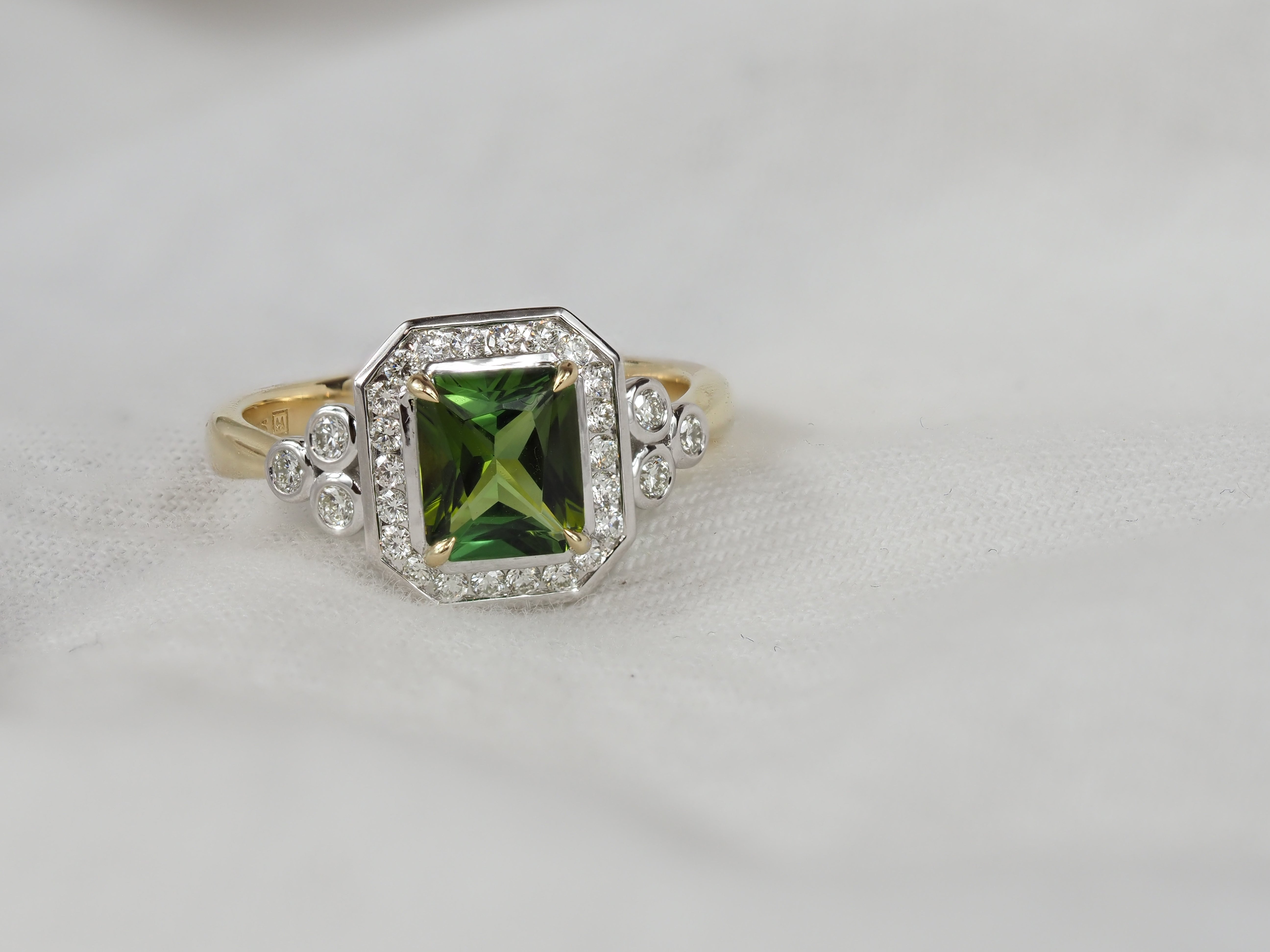 9ct Yellow and White Gold Green Tourmaline and Diamond Ring, 1.50ct Centre
