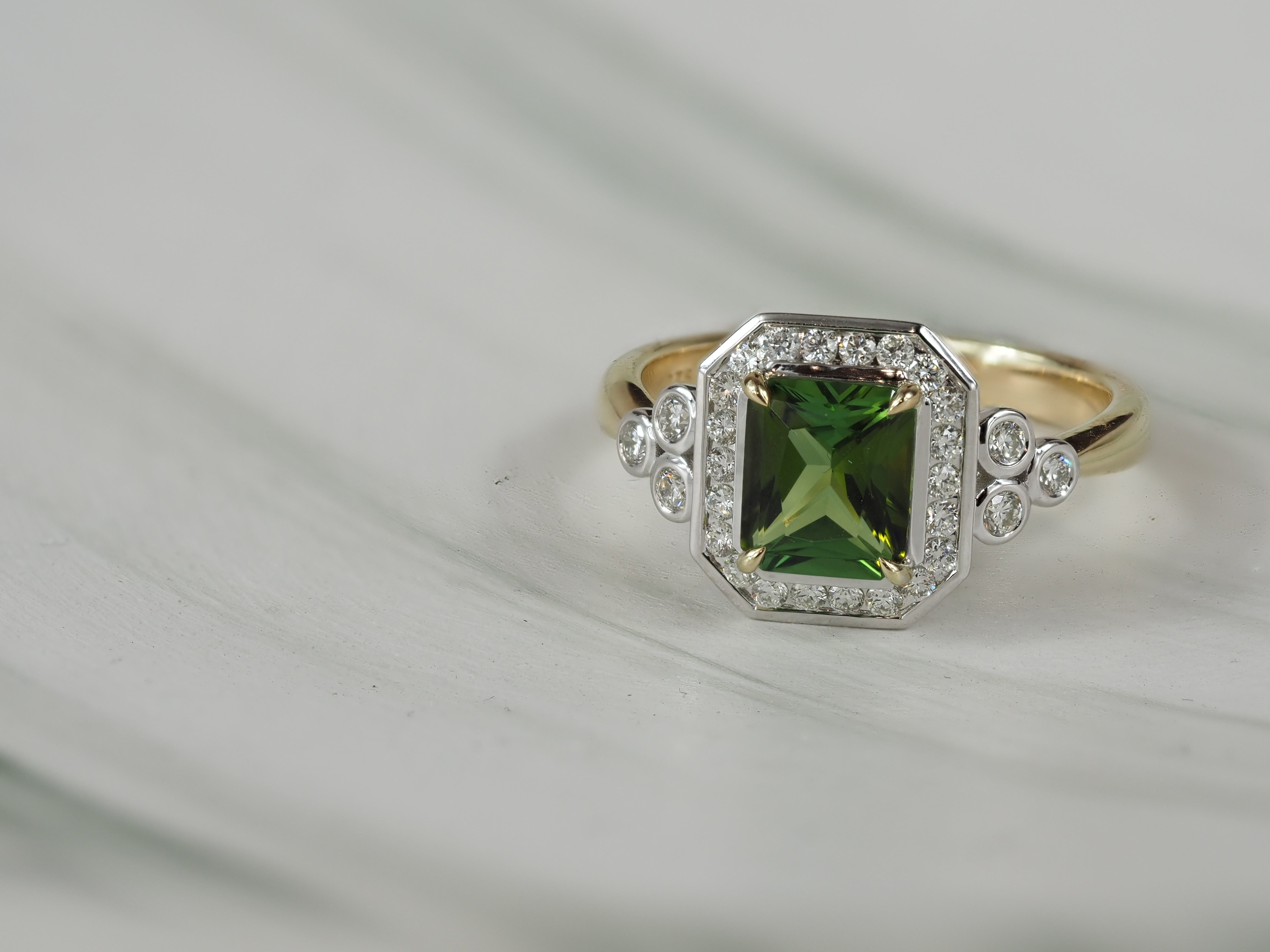 9ct Yellow and White Gold Green Tourmaline and Diamond Ring, 1.50ct Centre
