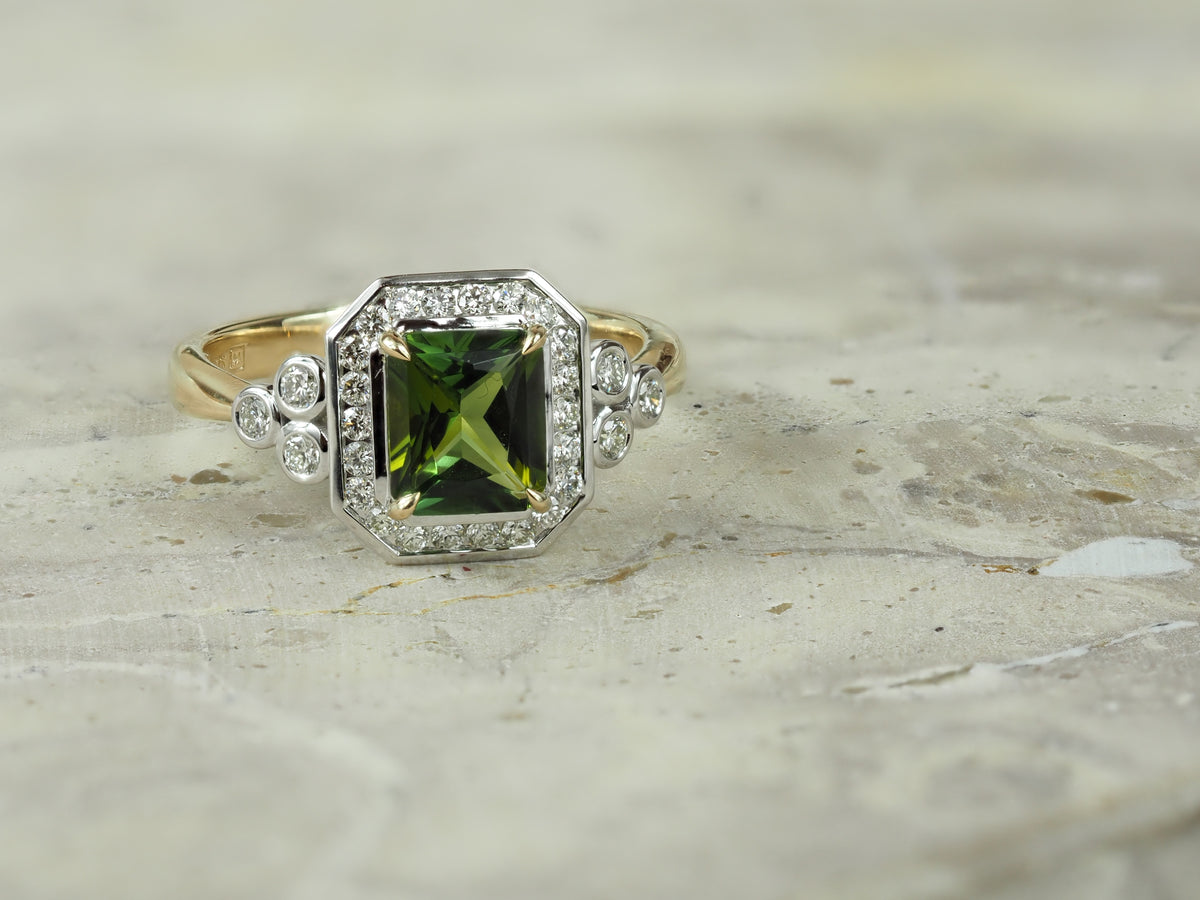 9ct Yellow and White Gold Green Tourmaline and Diamond Ring, 1.50ct Centre