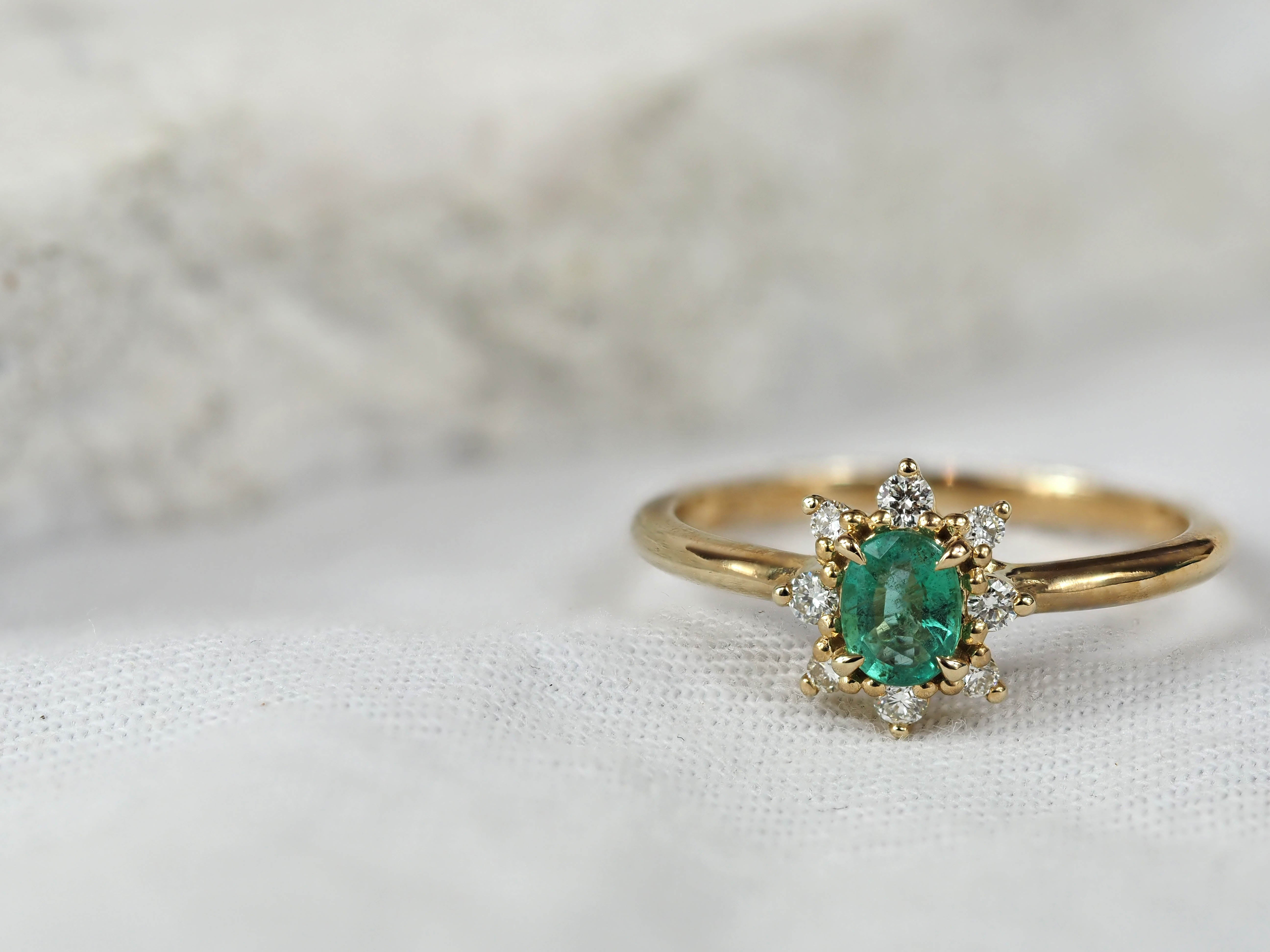 9ct Yellow Gold Emerald and Diamond Ring, 0.39ct Centre